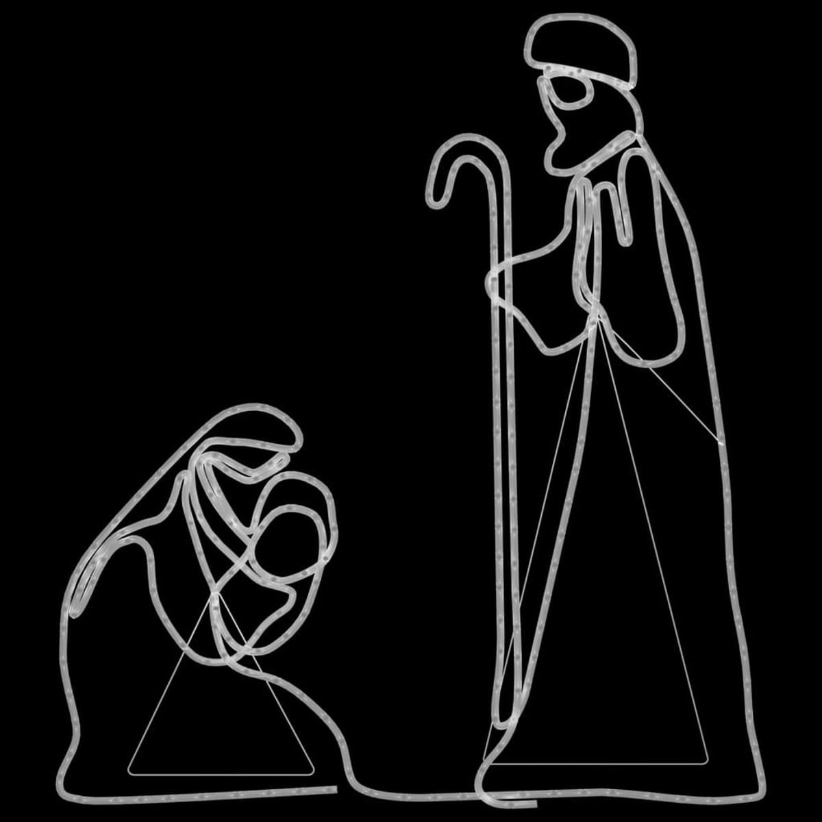 Linienzeichnung der Krippe. Maria und Josef knien, Jesus in der Krippe, schwarzer Hintergrund.