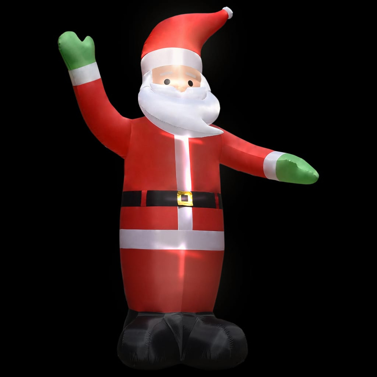 Aufblasbarer Weihnachtsmann mit erhobenem Arm, rotem Anzug und Hut vor schwarzem Hintergrund.