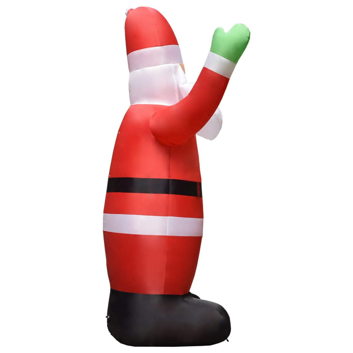 Aufblasbare Santa Claus Figur, roter Anzug, weißer Bart und Handschuhe, Arme erhoben, grüner Handschuh.