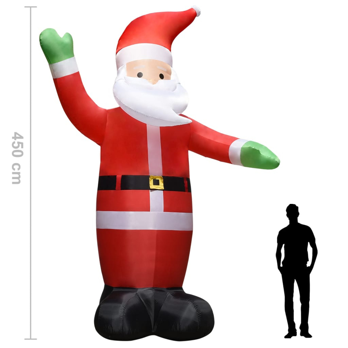 Aufblasbarer Weihnachtsmann, 450 cm hoch. Eine Person steht daneben als Silhouette.
