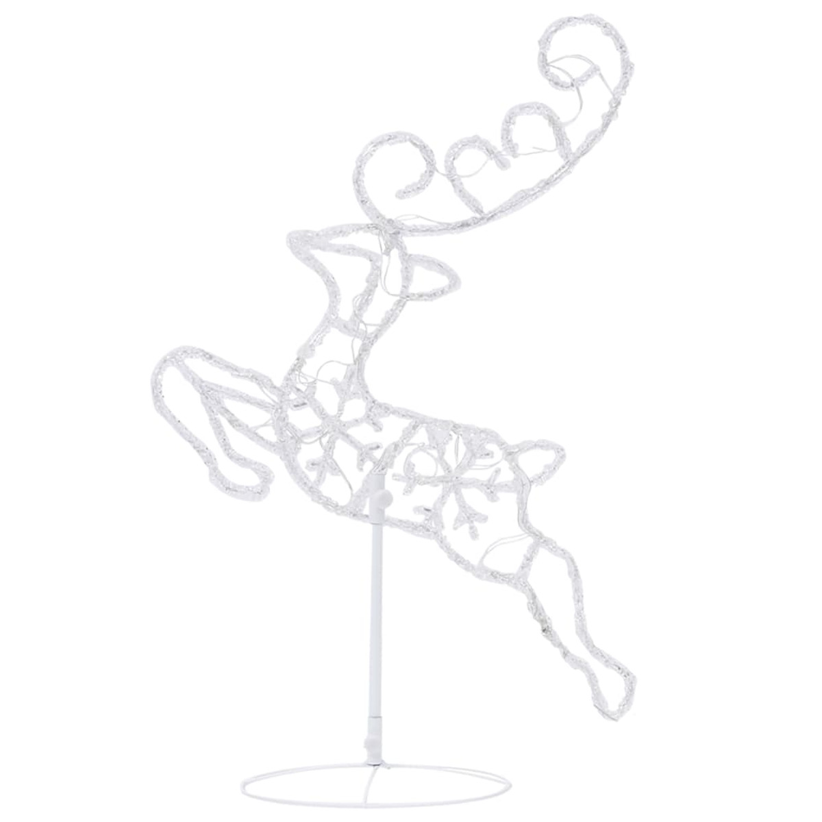 Weiße Rentierfigur mit Lichtern, stehend auf weißer Basis, vor weißem Hintergrund.