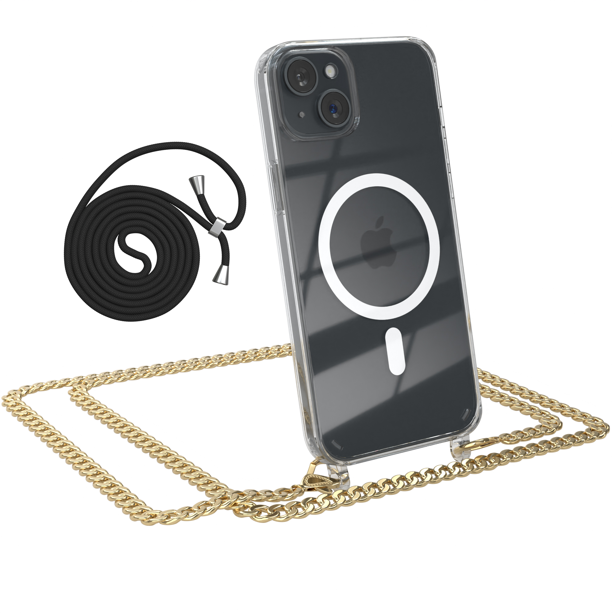 iPhone-Hülle mit goldener Kette. Schwarzes Kabel und blauer Kreis mit Text 'Schwarze Kordel'.