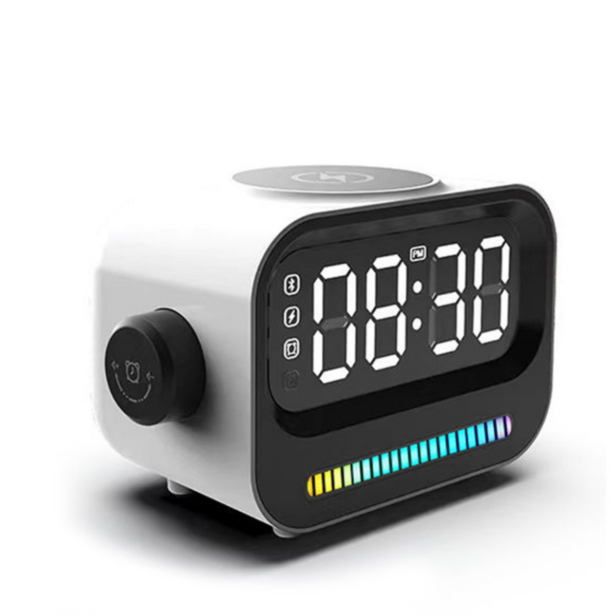 Weißer und schwarzer digitaler Wecker mit 08:30. Farbbalken unter der Zeit. Weißer Hintergrund.