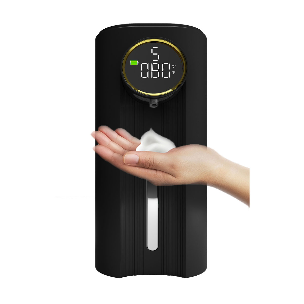 Ein schwarzer automatischer Seifenspender, eine Hand empfängt Schaum. Anzeige zeigt 080°C.