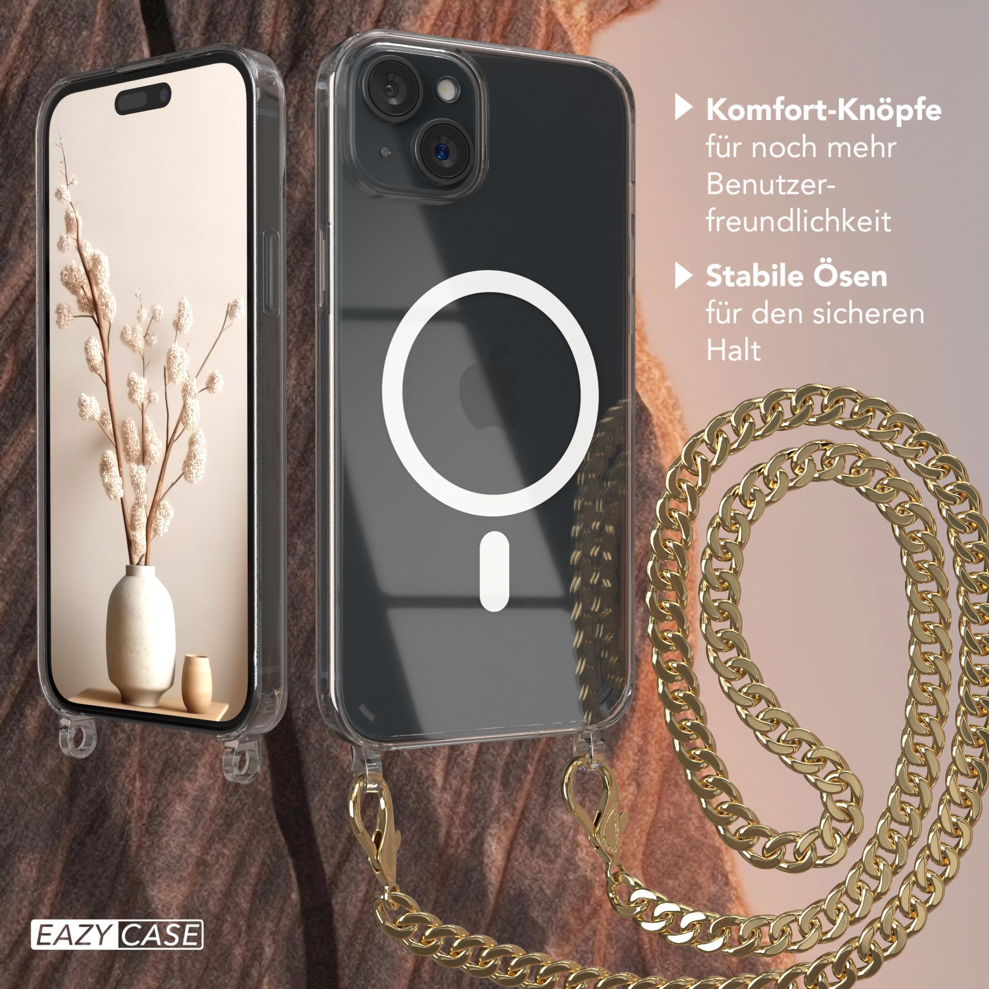 Eine Handyhülle mit Kette und Telefon darin. Nahaufnahme eines weißen Apple-Logos auf dem Telefon.