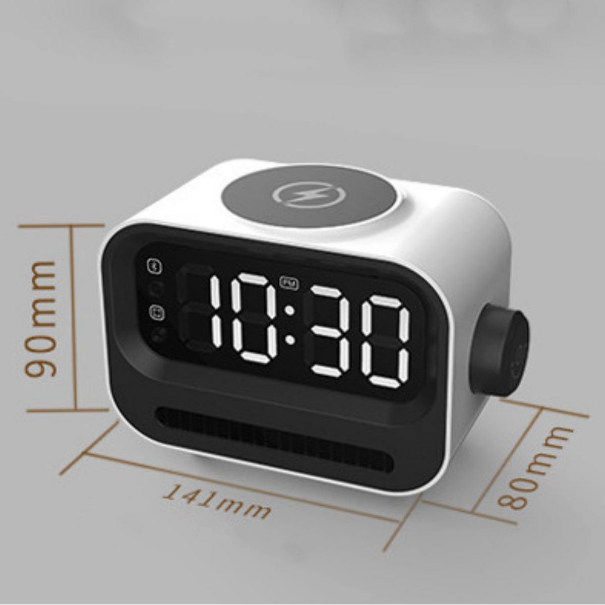 Weiß-schwarze Digitaluhr mit den Maßen 141x90x80 mm, die die Uhrzeit 10:30 anzeigt.