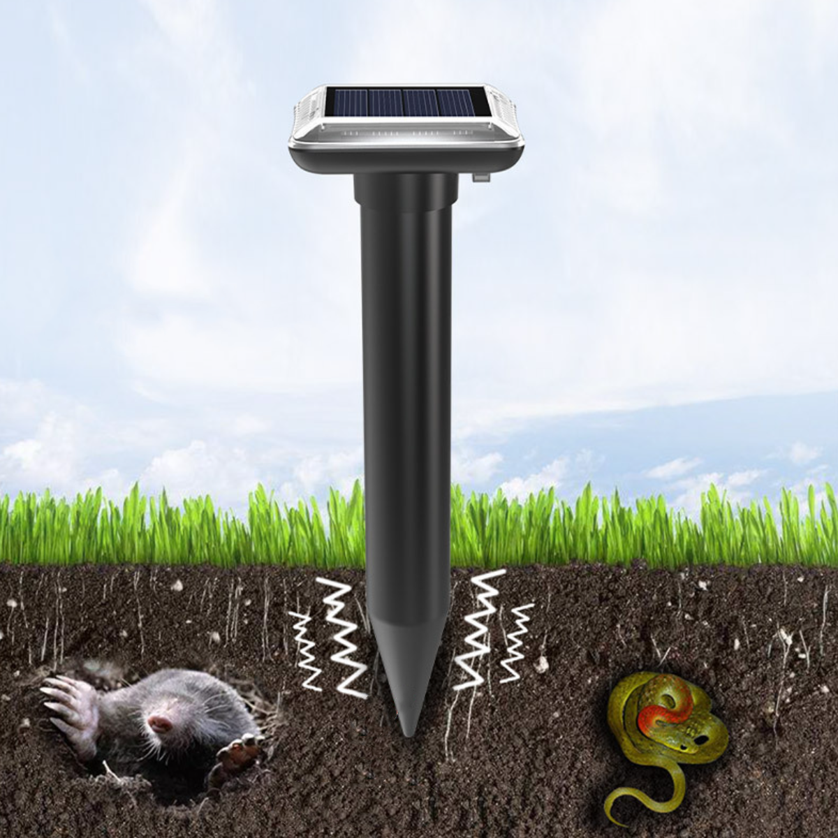 Ein solarbetriebener Maulwurfschreck im Boden mit einer Maulwurf- und Schlangenillustration.