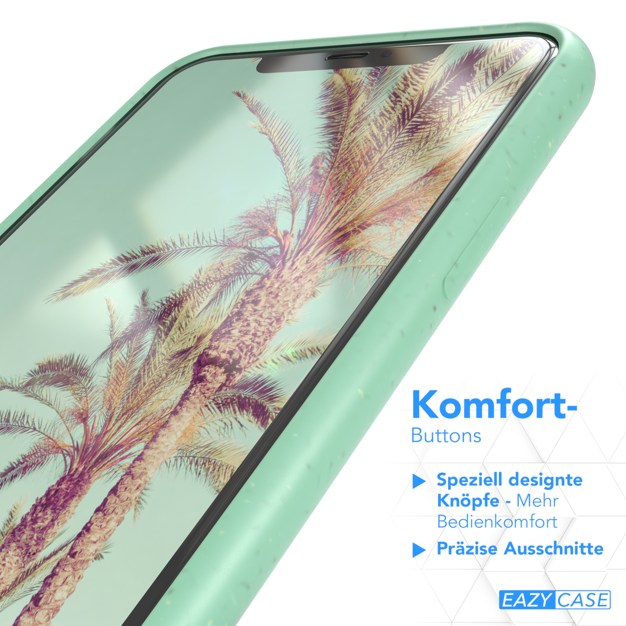 Ein Telefon mit mintgrüner Hülle, das Palmen zeigt und Komfortmerkmale hervorhebt.