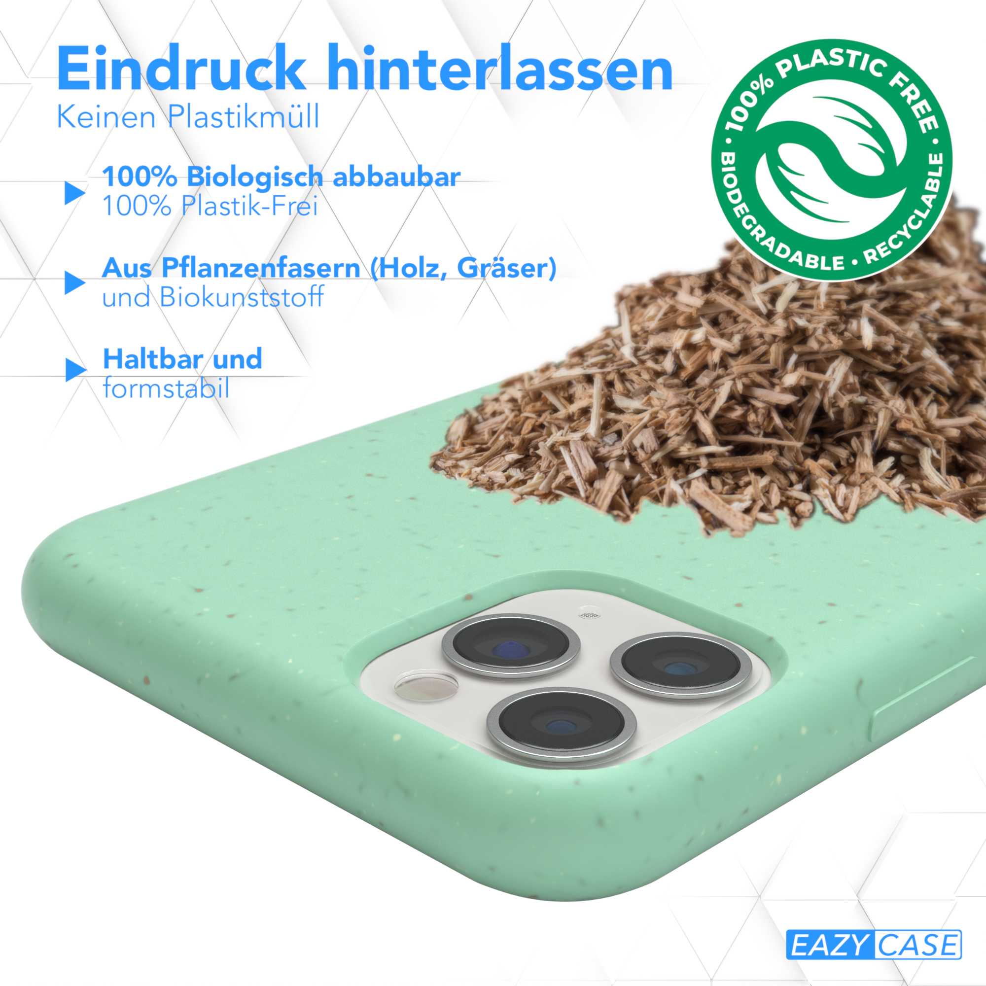 Handyhülle aus Holzfasern. Text: Biologisch abbaubar, recycelbar und plastikfrei. Natürliche Materialien.