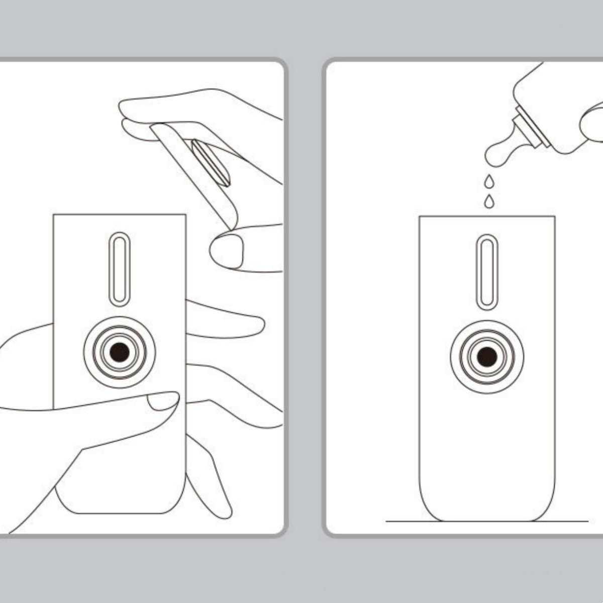 Zwei Diagramme: Hand hält ein Gerät, und Flüssigkeit tropft hinein.
