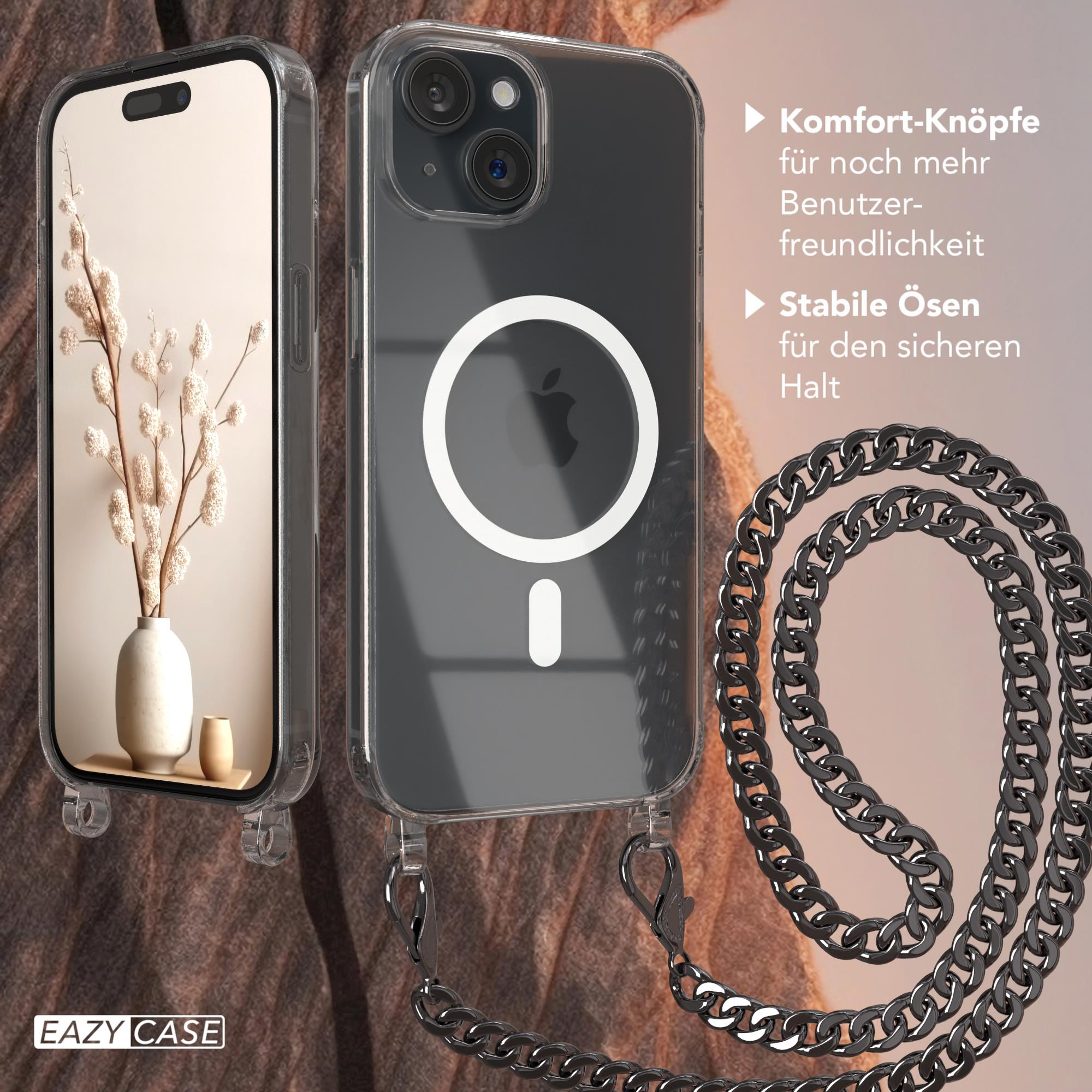 Handyhülle mit Kette und ein Telefon mit weißem Kreis in der Mitte.