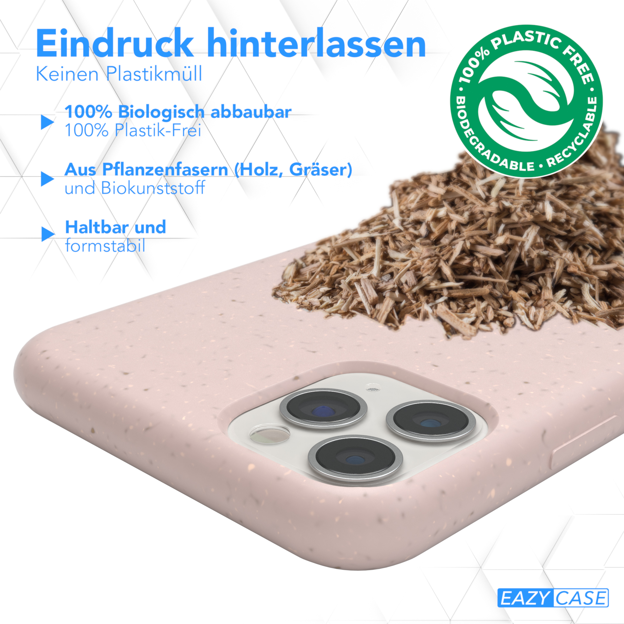 Nahaufnahme einer Handyhülle mit Telefon, Text über biologische Abbaubarkeit und Plastikfreiheit.
