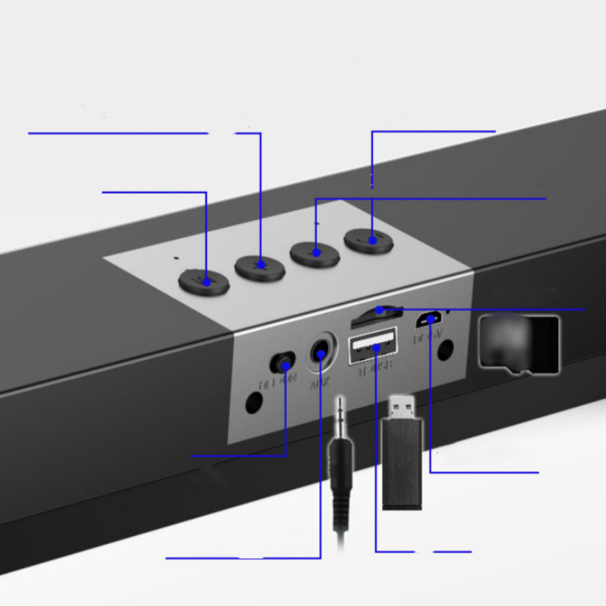 Nahaufnahme einer schwarzen Soundbar mit beschrifteten Knöpfen und Anschlüssen. Verschiedene Anschlüsse markiert.