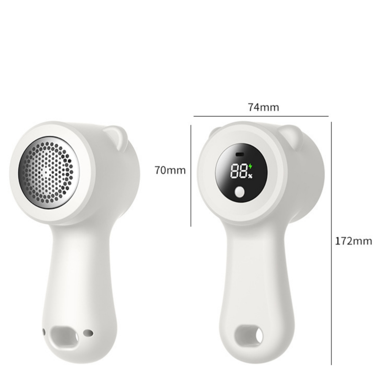 Zwei weiße Fusselentferner mit bärenähnlichem Design. Einer zeigt das Display, der andere die Rückseite.