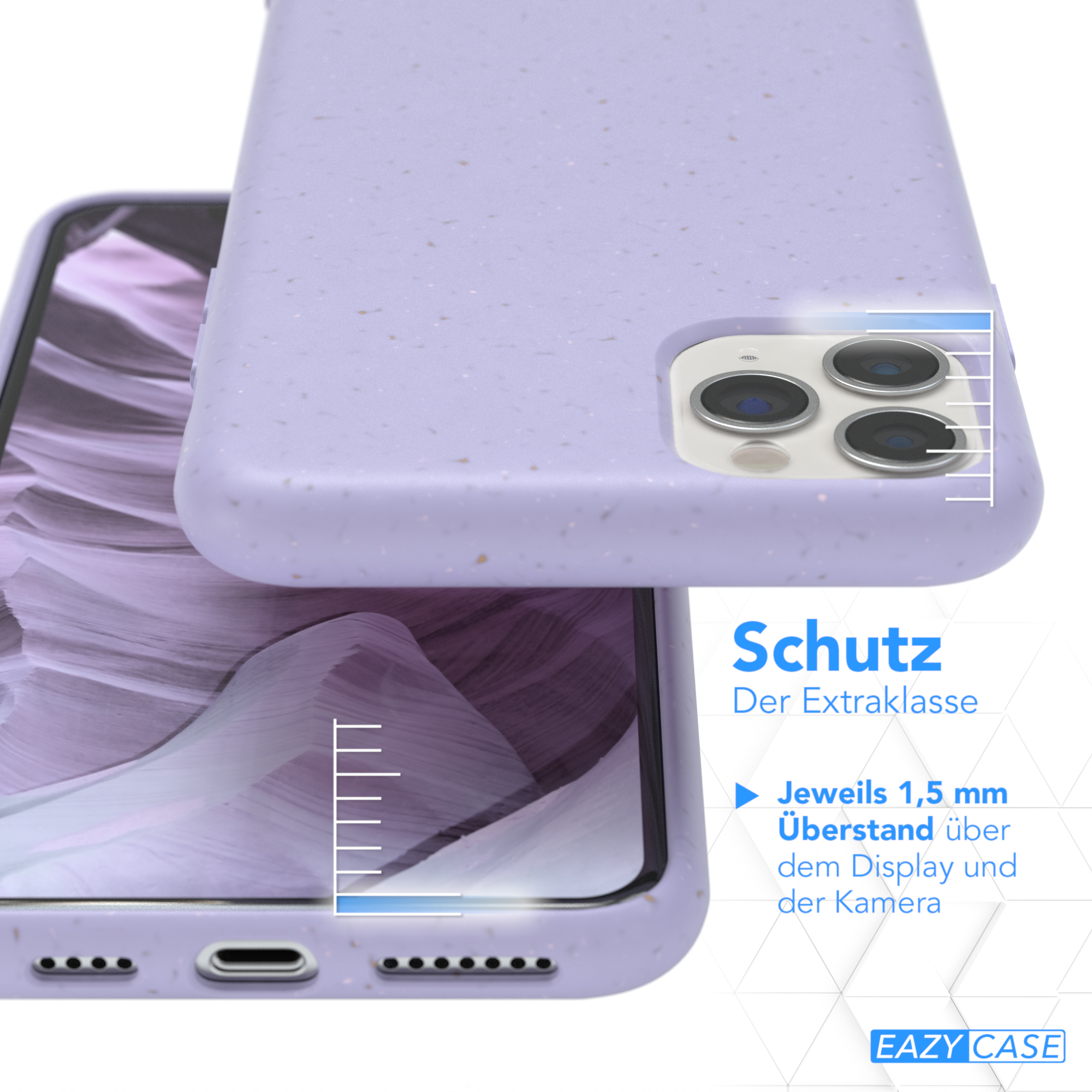 Eine lilafarbene Handyhülle schützt ein Telefon. Das Gehäuse hat eine gesprenkelte Textur.