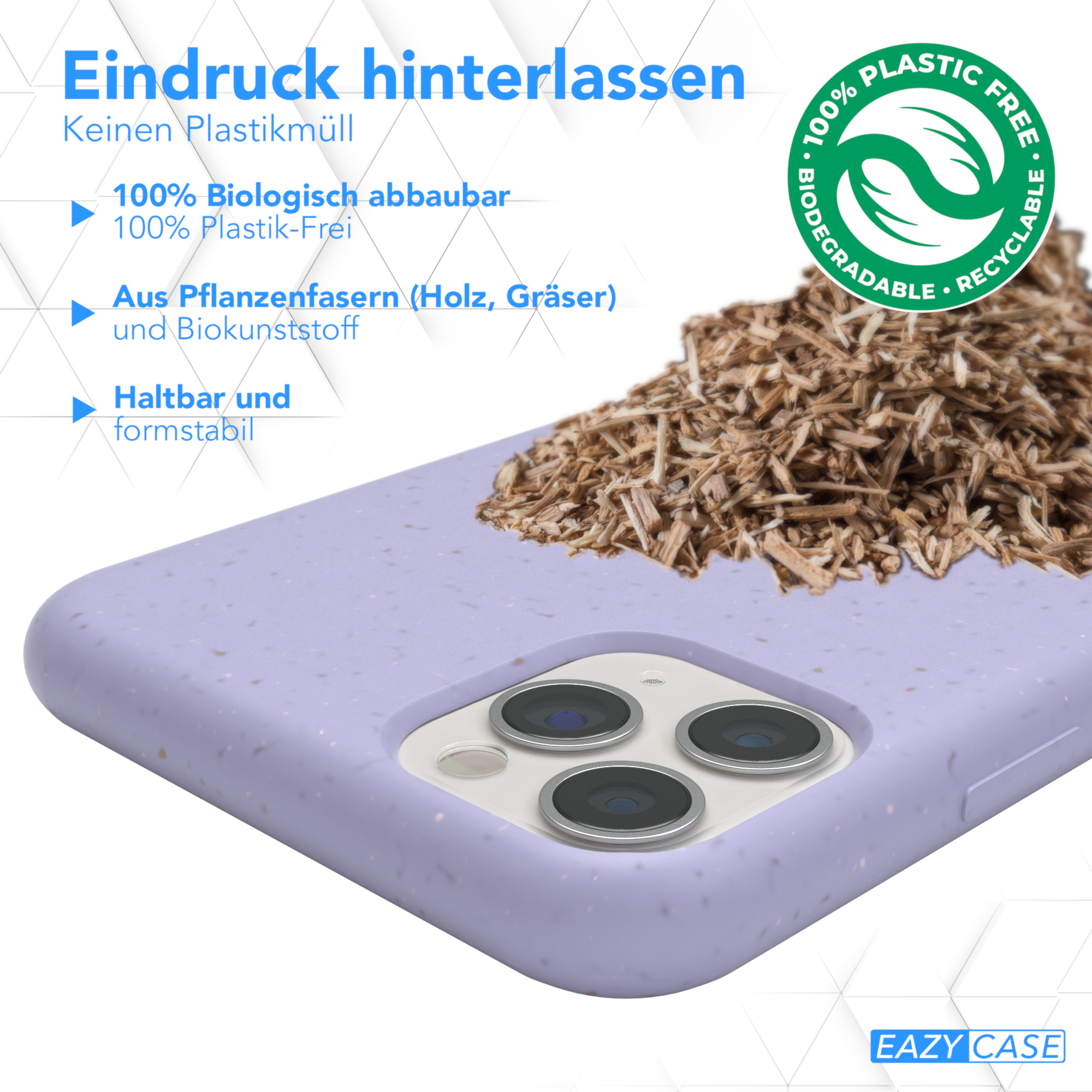 Eine lila Handyhülle mit Text über biologisch abbaubar und recycelbar.