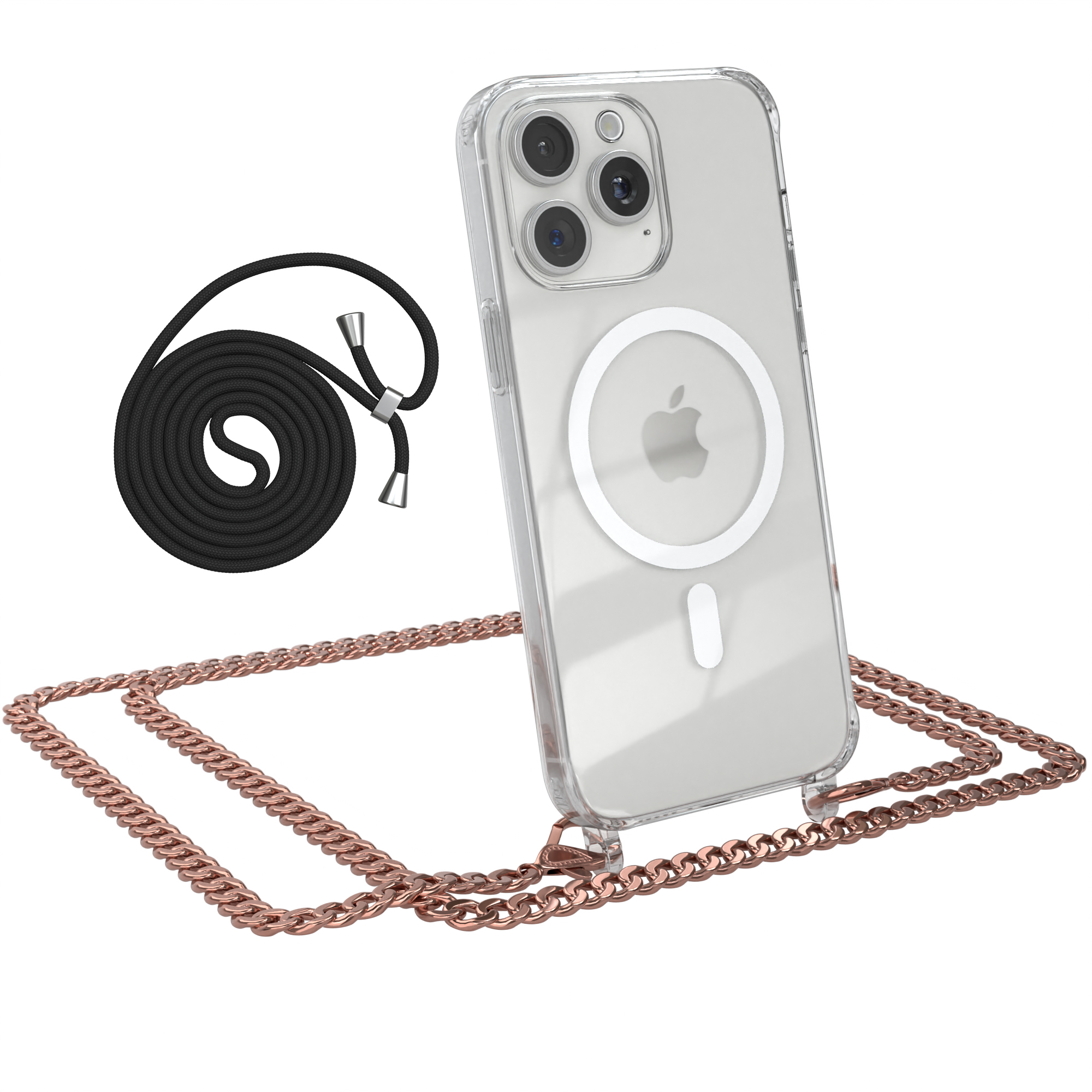 Transparente Handyhülle mit Kette und schwarzem Lanyard.