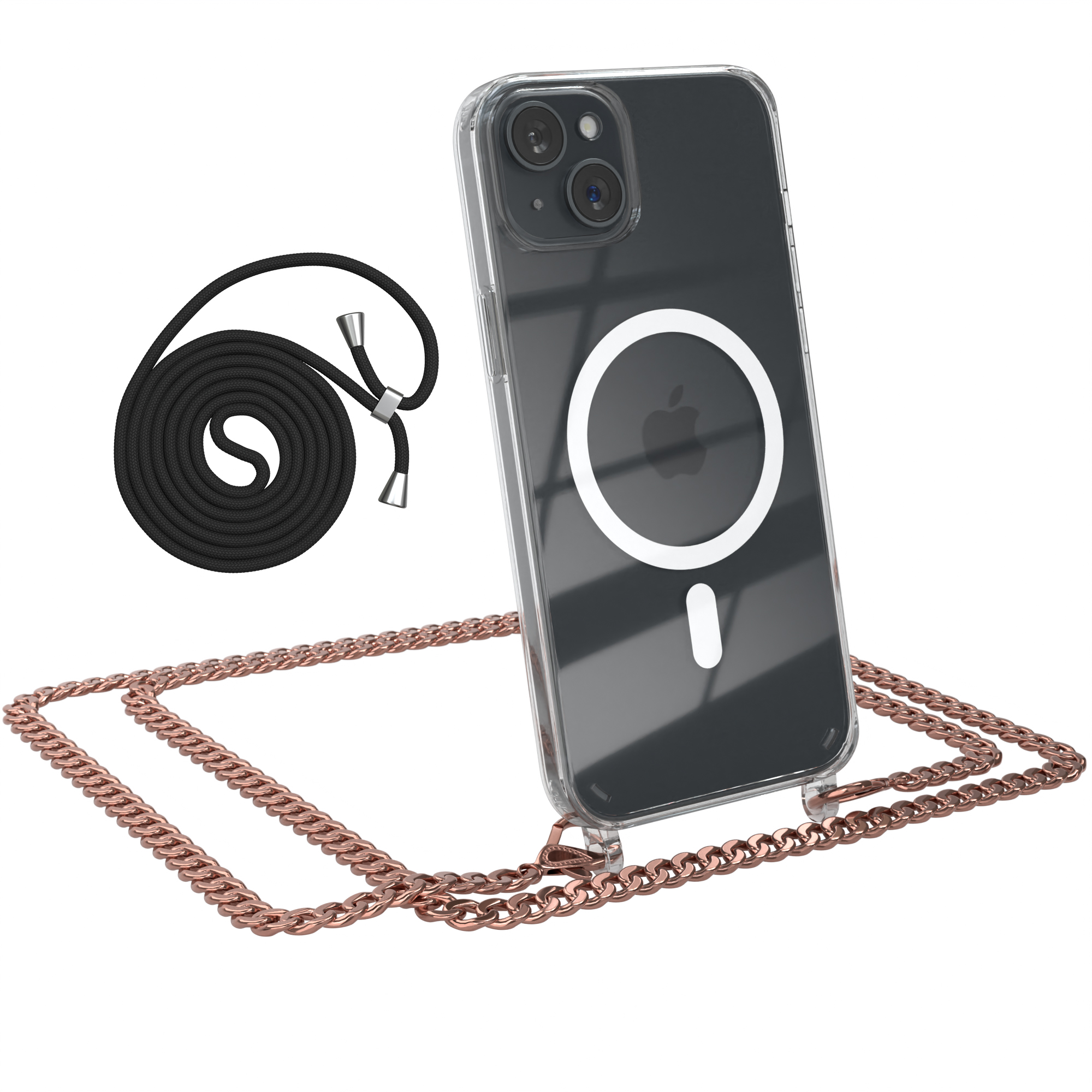 Telefon in klarer Hülle mit schwarzem Kabel und silberner Kette. Ein rundes Bild zeigt ein schwarzes Kabel.