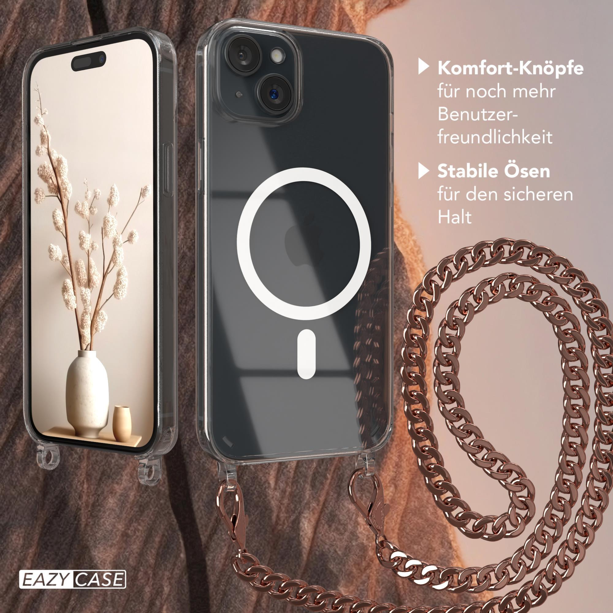 Telefon mit transparenter Hülle und Kette. Vase mit Blumen links. Text rechts.