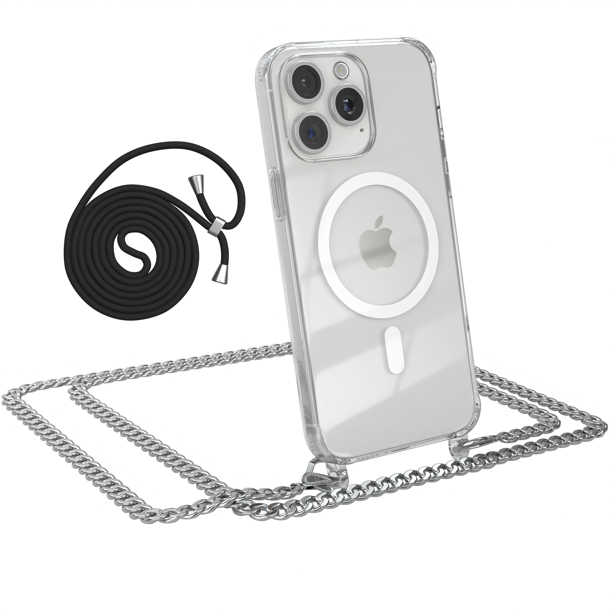 Transparente Handyhülle mit Kette, schwarzem Kabel und Silberkette. Das Handy hat eine transparente Rückseite, die Kette ist befestigt.