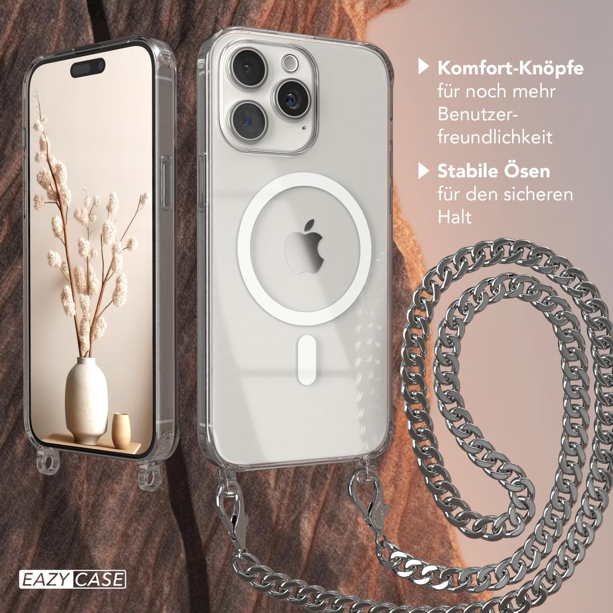 Ein Telefon in einer transparenten Hülle mit Kette. Text auf Deutsch hebt Funktionen wie Komfort und sicheren Halt hervor.