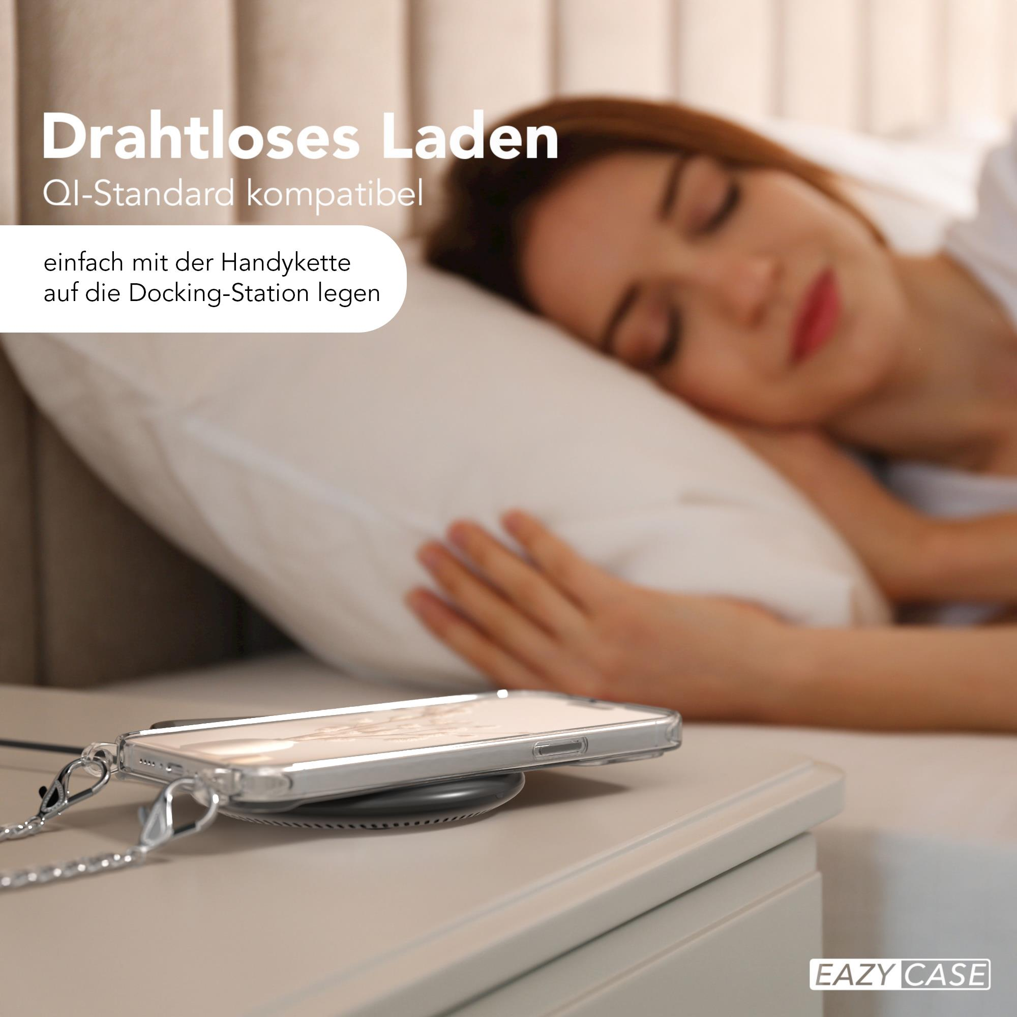 Frau schläft neben einem Telefon auf einem Ladegerät. Text: Drahtloses Laden, QI-Standard kompatibel, EAZY CASE Logo.