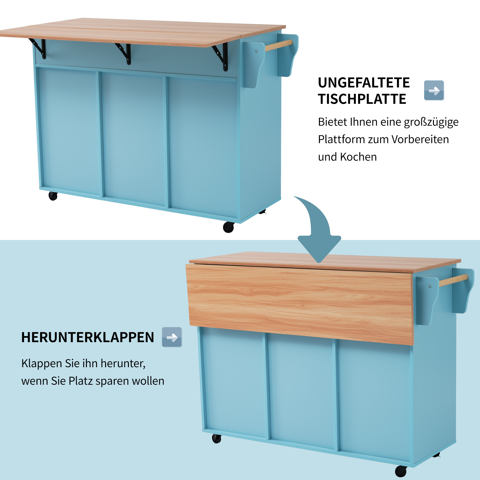 Blaue Kücheninsel mit Holzplatte, zwei Ansichten.