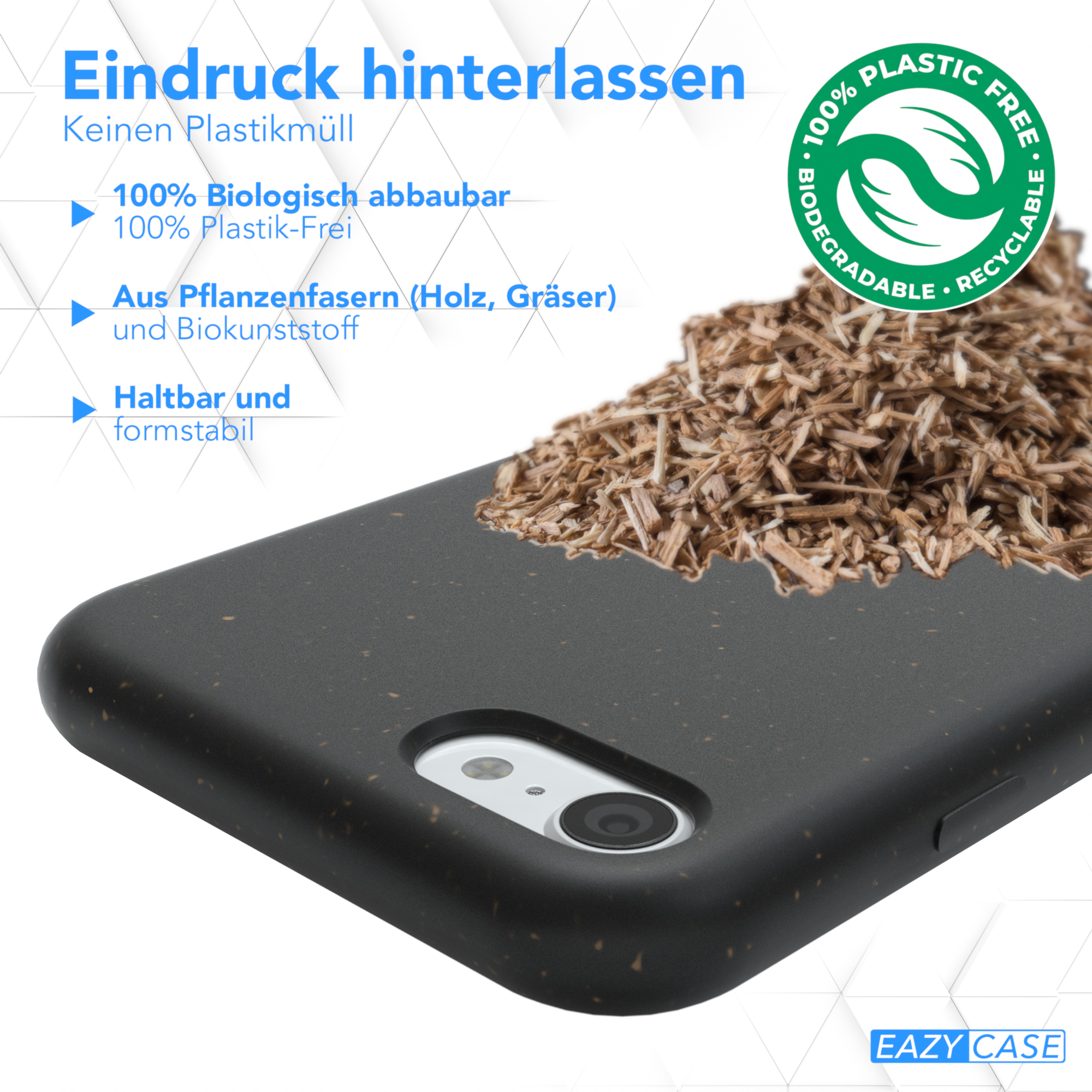 Telefonhülle mit Text und holzähnlicher Textur, mit Holzspänen oben drauf.