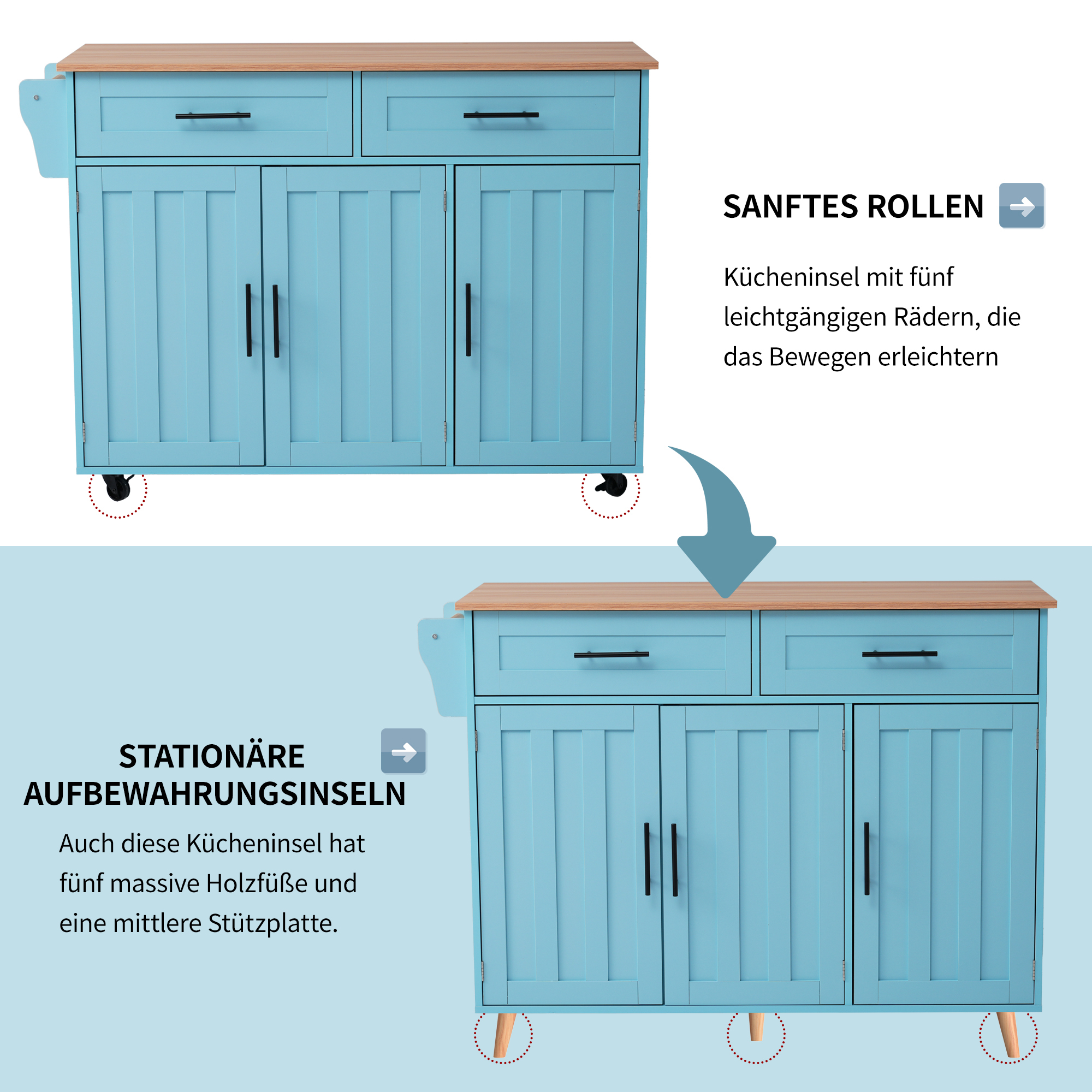 Blaue Kücheninsel mit Holzplatte und Rollen. Zeigt mobile und stationäre Optionen.