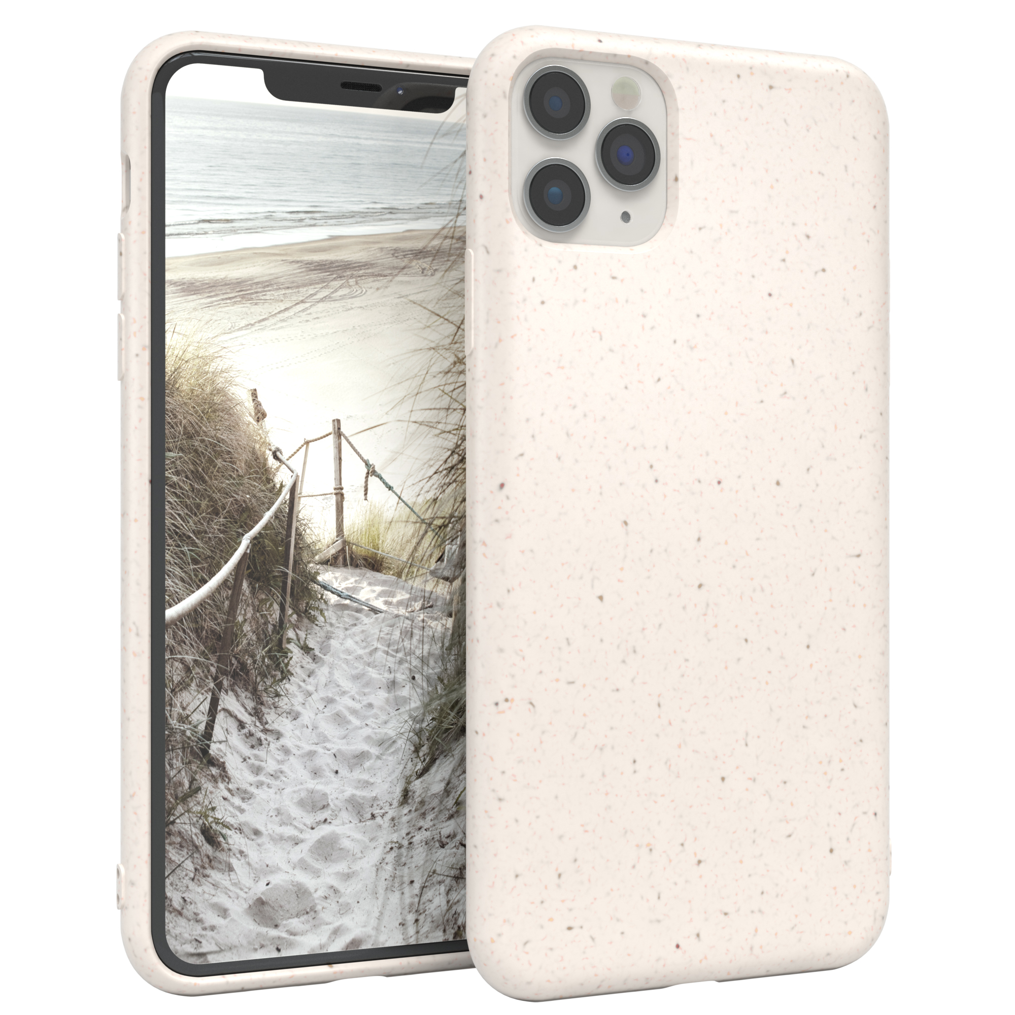 Beige Handyhülle mit Strandhintergrund, Telefon darin.