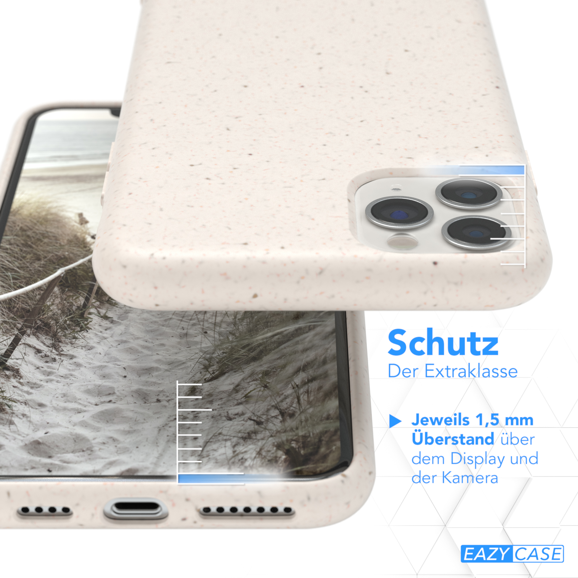 Hellfarbene Handyhülle, zeigt 1,5 mm Schutz über dem Bildschirm.