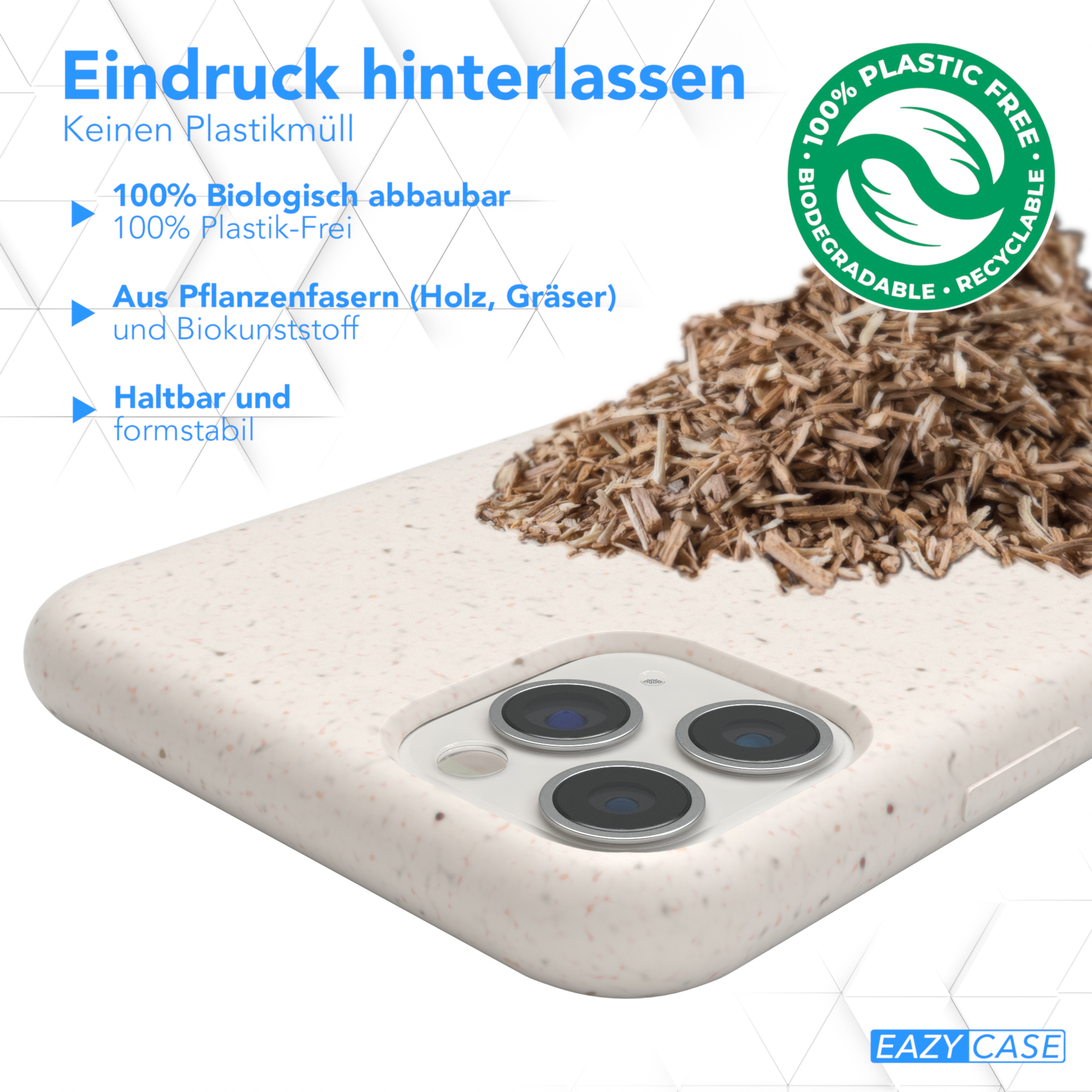 Handyhülle mit Holzstruktur, mit Text zu biologischer Abbaubarkeit und Plastikfreiheit.