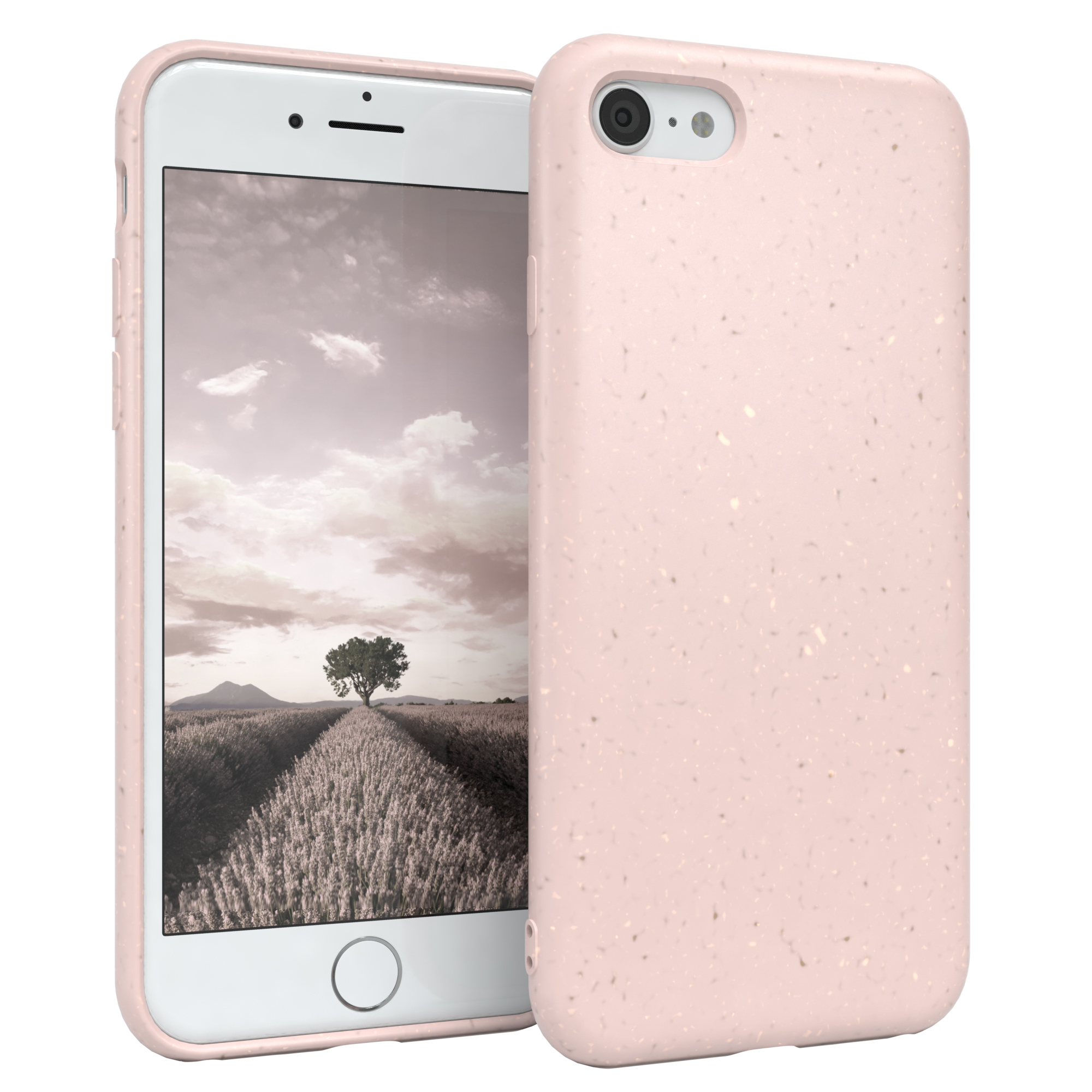 Rosa Handyhülle und Handy. Das Handy zeigt eine Landschaft. Die Hülle hat eine gesprenkelte Textur.