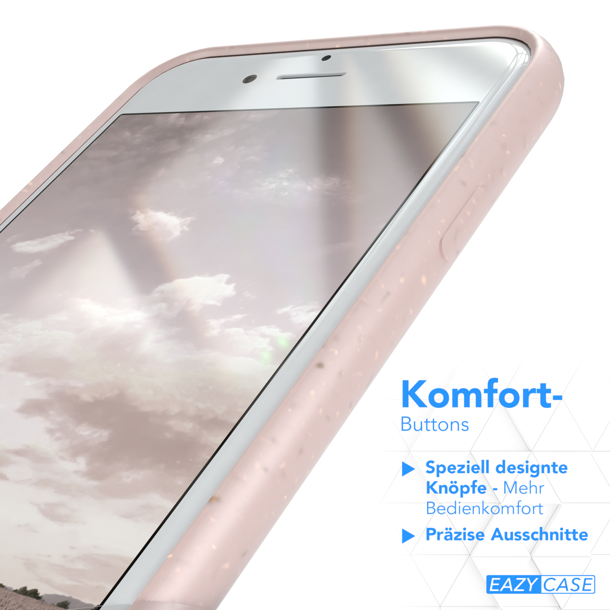 Nahaufnahme eines Telefons mit rosa Hülle. Text sagt Komfort-Buttons. Das Telefon zeigt eine Landschaft.