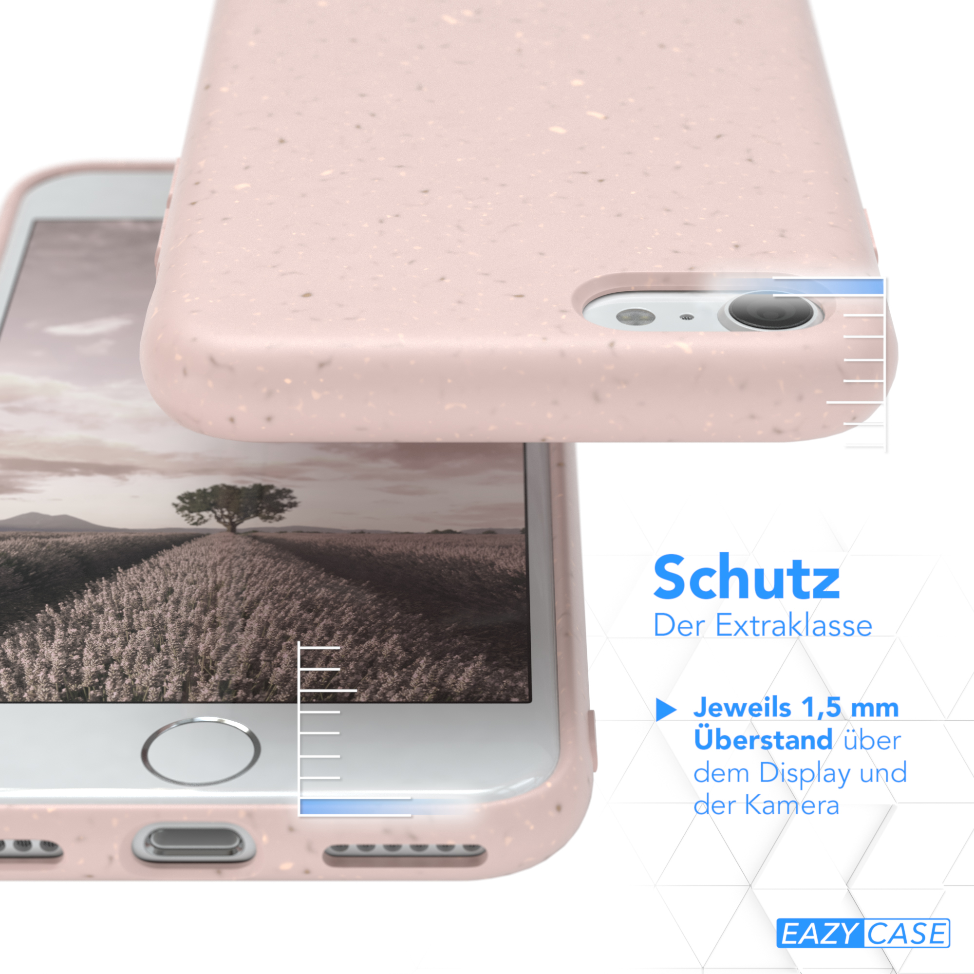 Eine rosa Handyhülle, die ihre Schutzeigenschaften zeigt. Die Hülle liegt über einem Telefon.