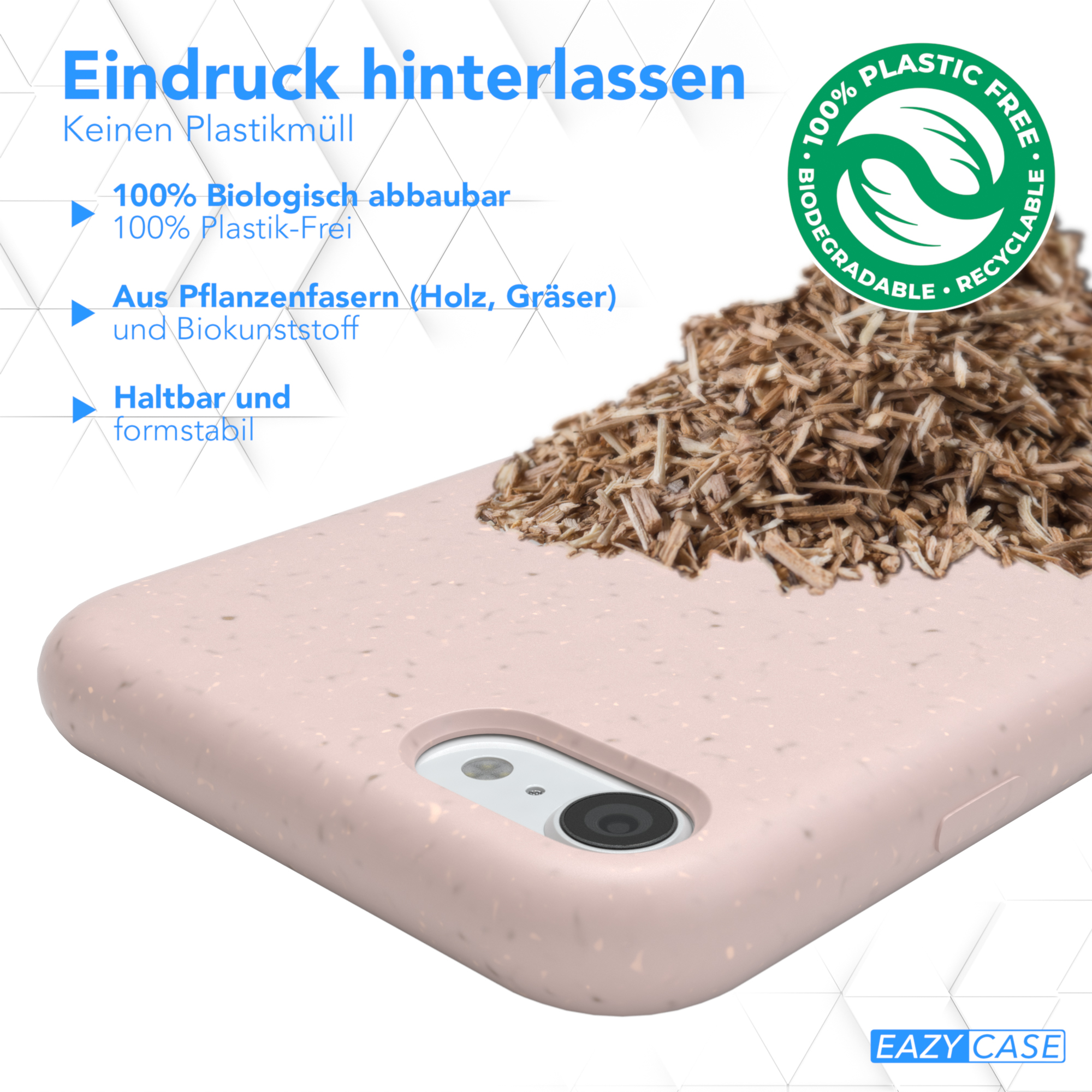Eine hellrosa Handyhülle mit Holzspänen. Text auf der Hülle besagt, dass sie biologisch abbaubar und plastikfrei ist.
