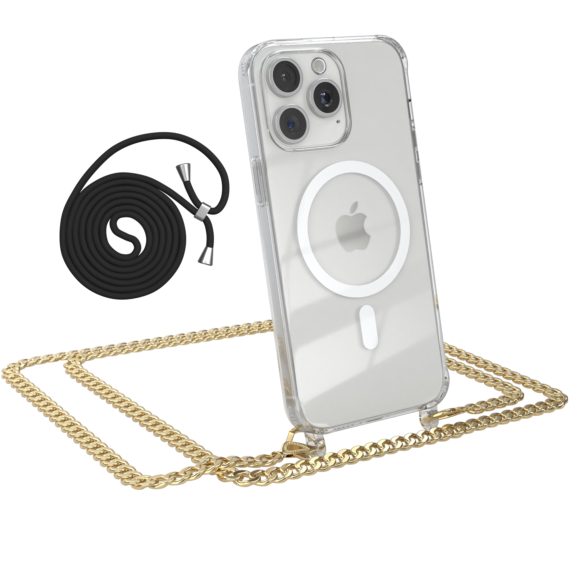 Transparente Handyhülle mit goldener Kette und schwarzem Kordel. Telefon und schwarzer Kordel.