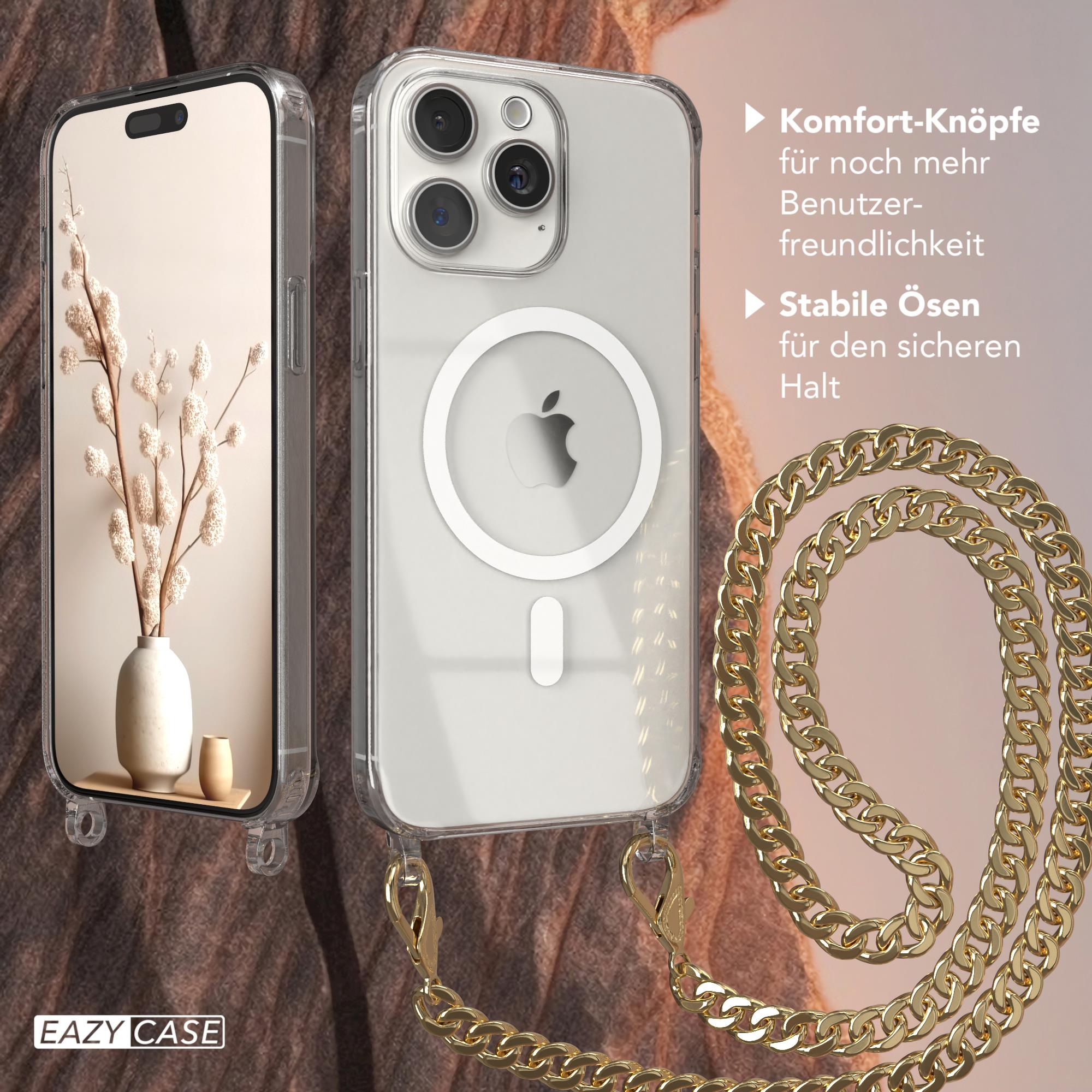 Transparente Handyhülle mit goldener Kette, iPhone innen. Weißer Hintergrund.