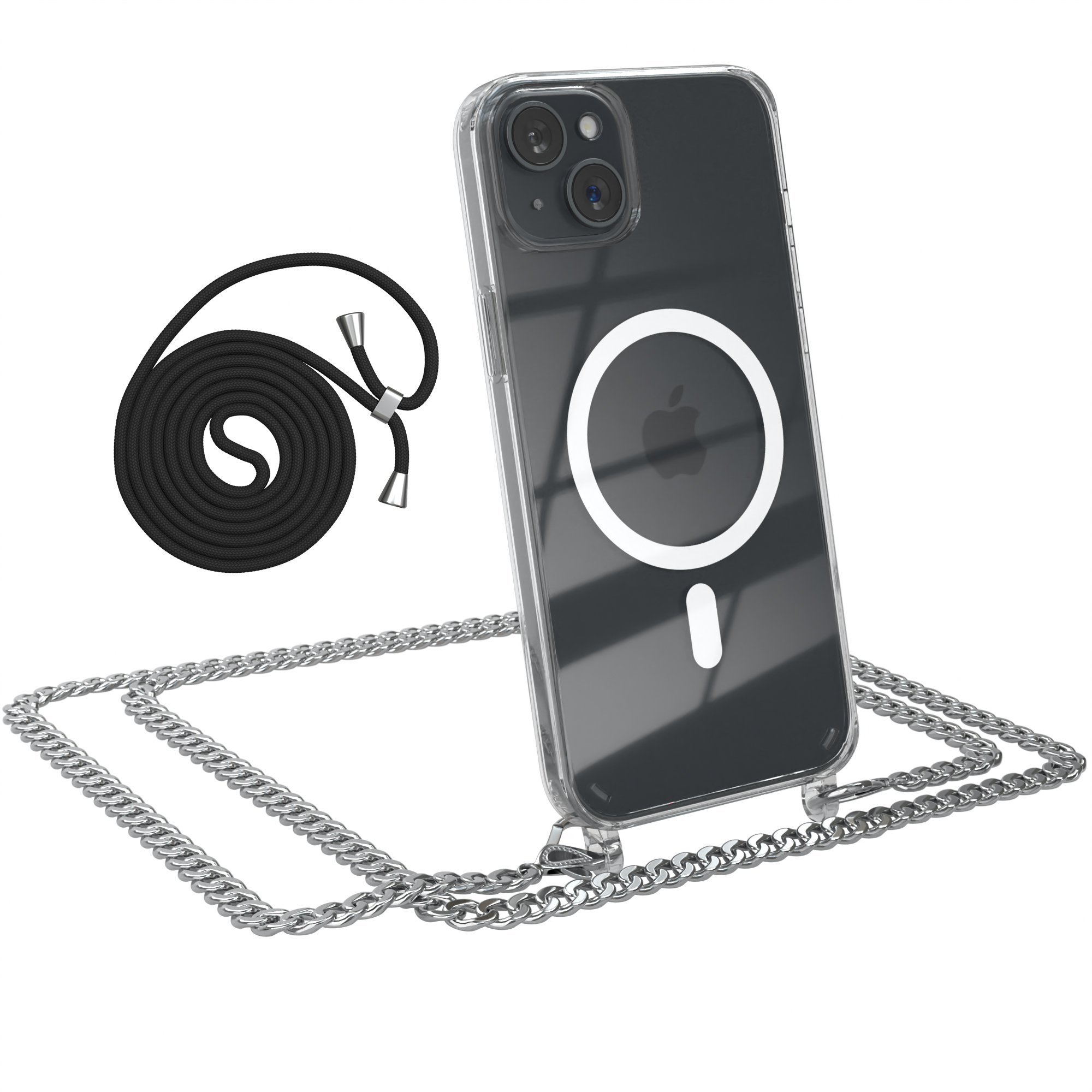 Ein Apple-Handy in einer durchsichtigen Hülle mit silberner Kette. Links sind ein schwarzes Kabel und ein weißer Kreis.