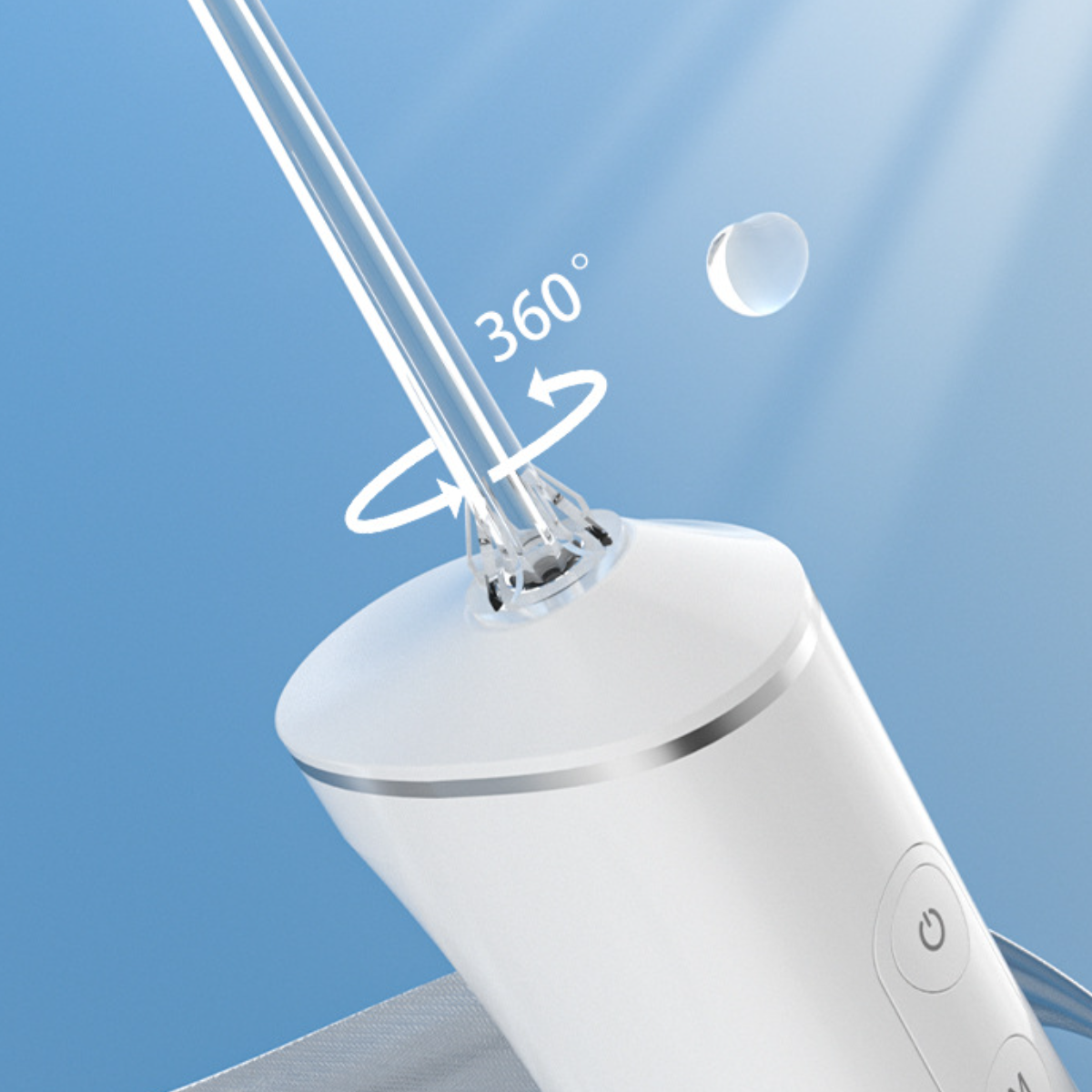 Weißer Zahnwasser-Flosser mit Wasserspray. Blauer Hintergrund mit Sonnenstrahlen.