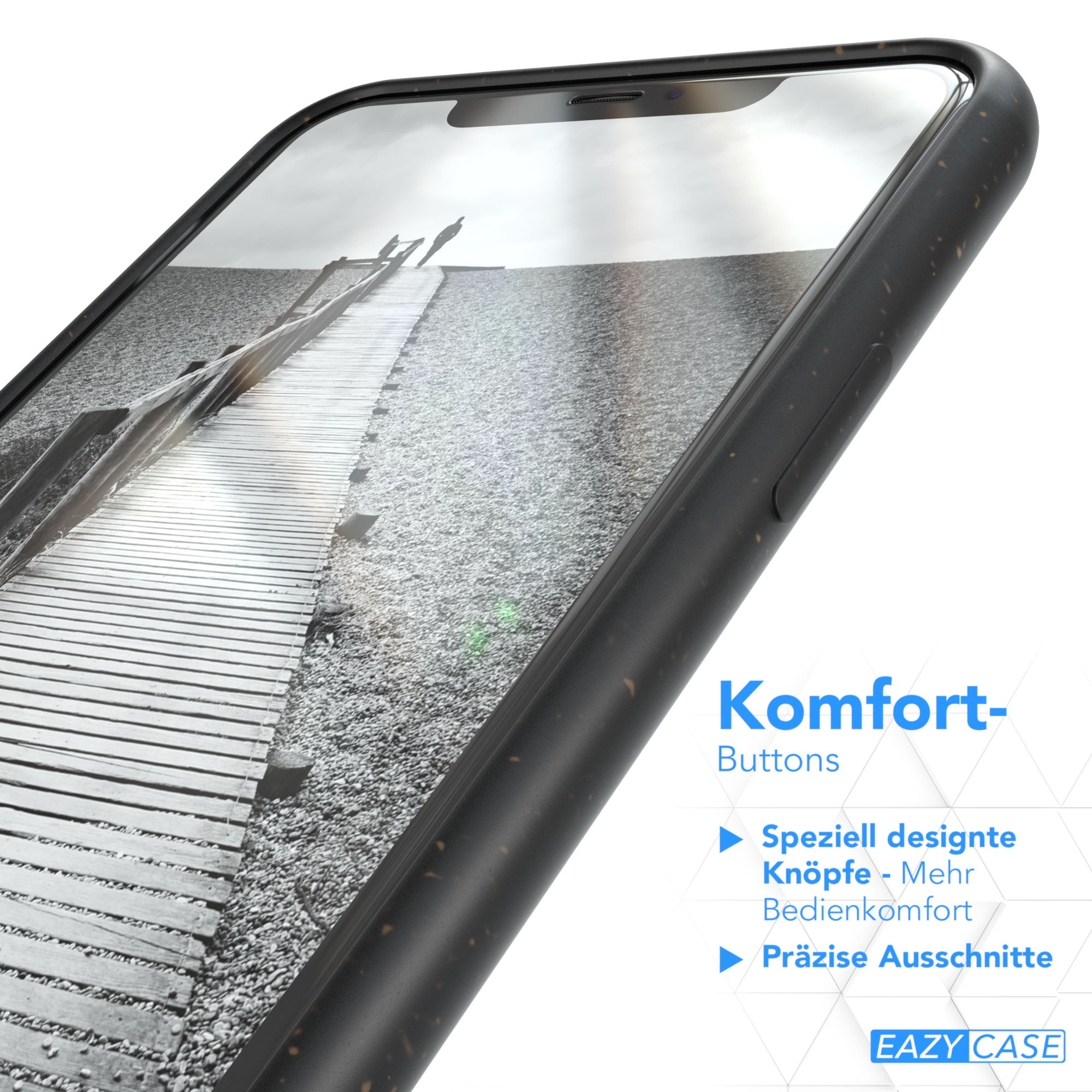 Schwarze Handyhülle mit Brückenbild. Text 'Komfort- Buttons' und 'EAZY CASE' unten.