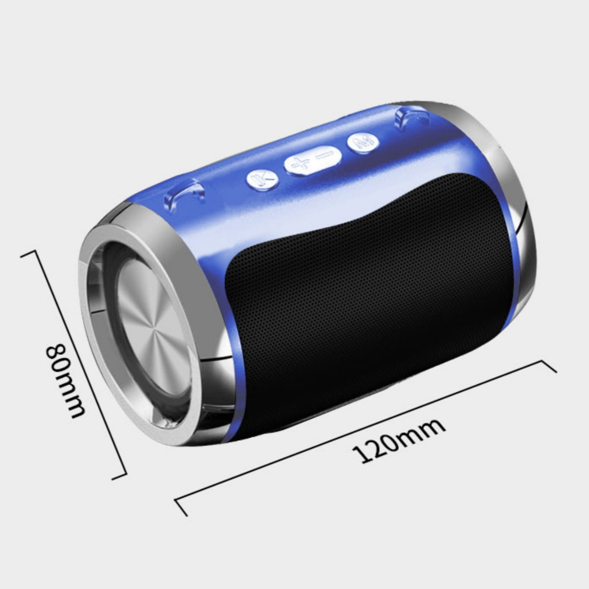 Blau-silberner zylindrischer Lautsprecher. Abmessungen sind 120 mm lang und 80 mm hoch. Drei Knöpfe oben.