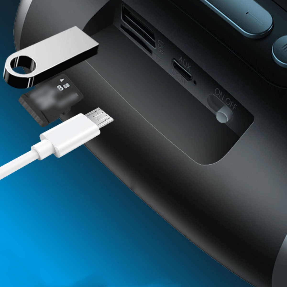 Nahaufnahme eines Geräts mit USB-, AUX- und Stromanschlüssen. USB-Stick, SD-Karte und Kabel daneben.