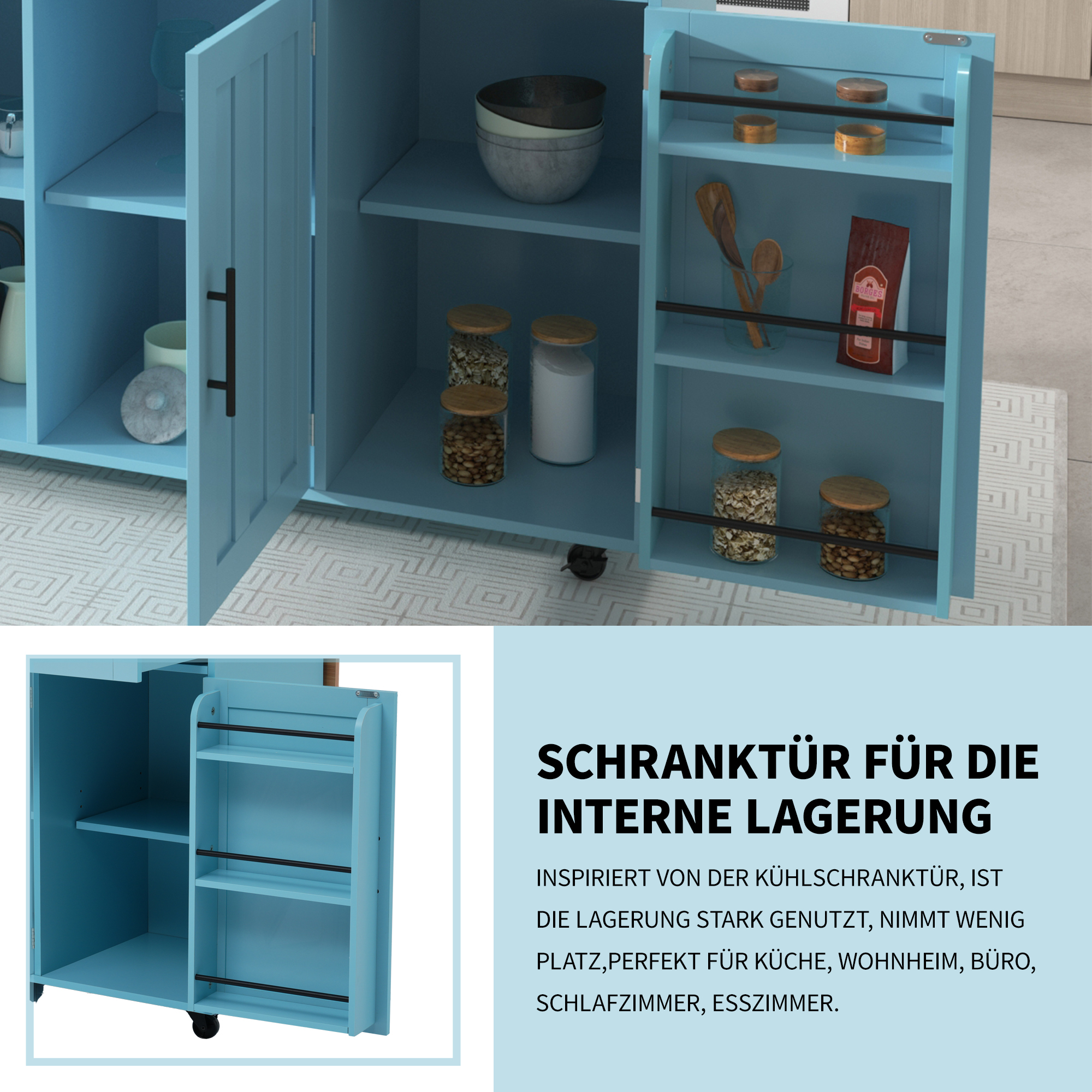 Blauer Schrank mit offenen Türen, die Regale mit Gegenständen zeigen, Text deutsch.