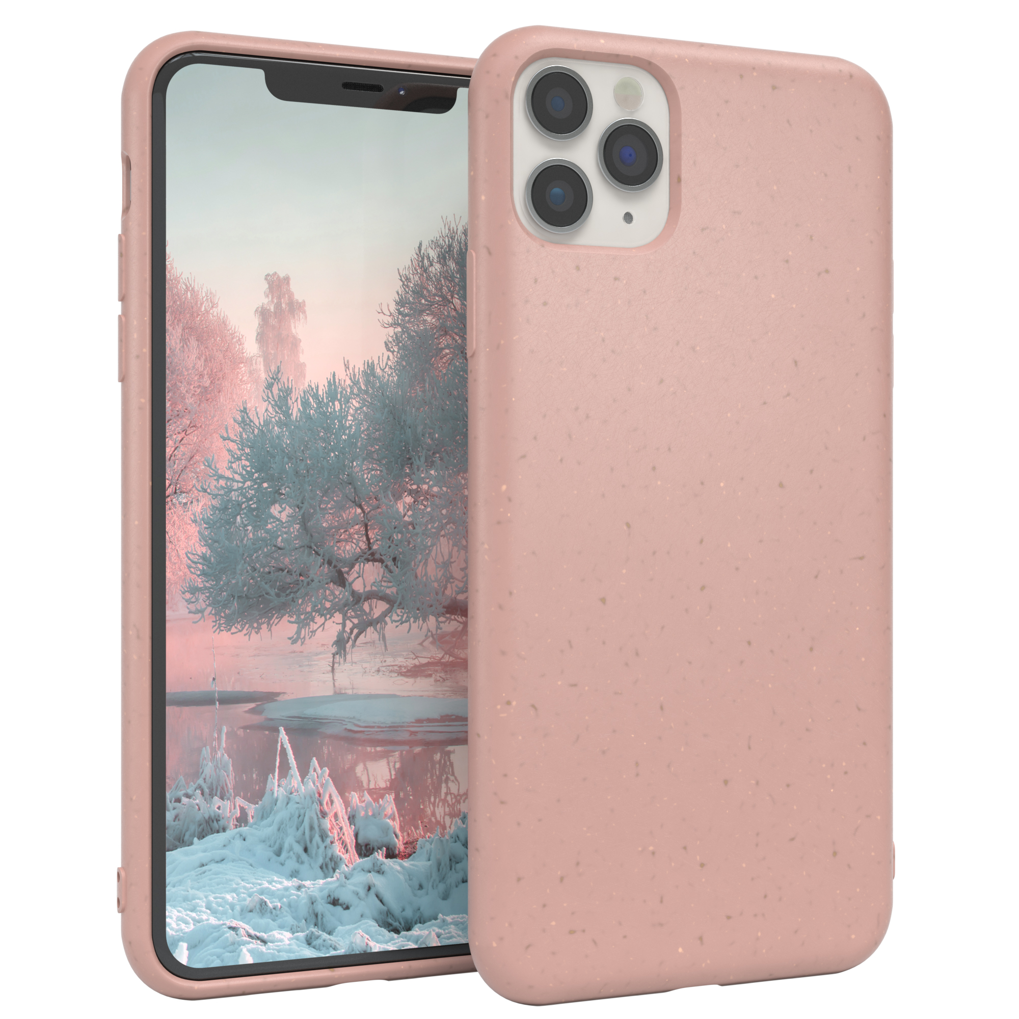 iPhone mit rosa Hülle. Das Telefon zeigt eine Winterszene. Die Hülle ist gesprenkelt.