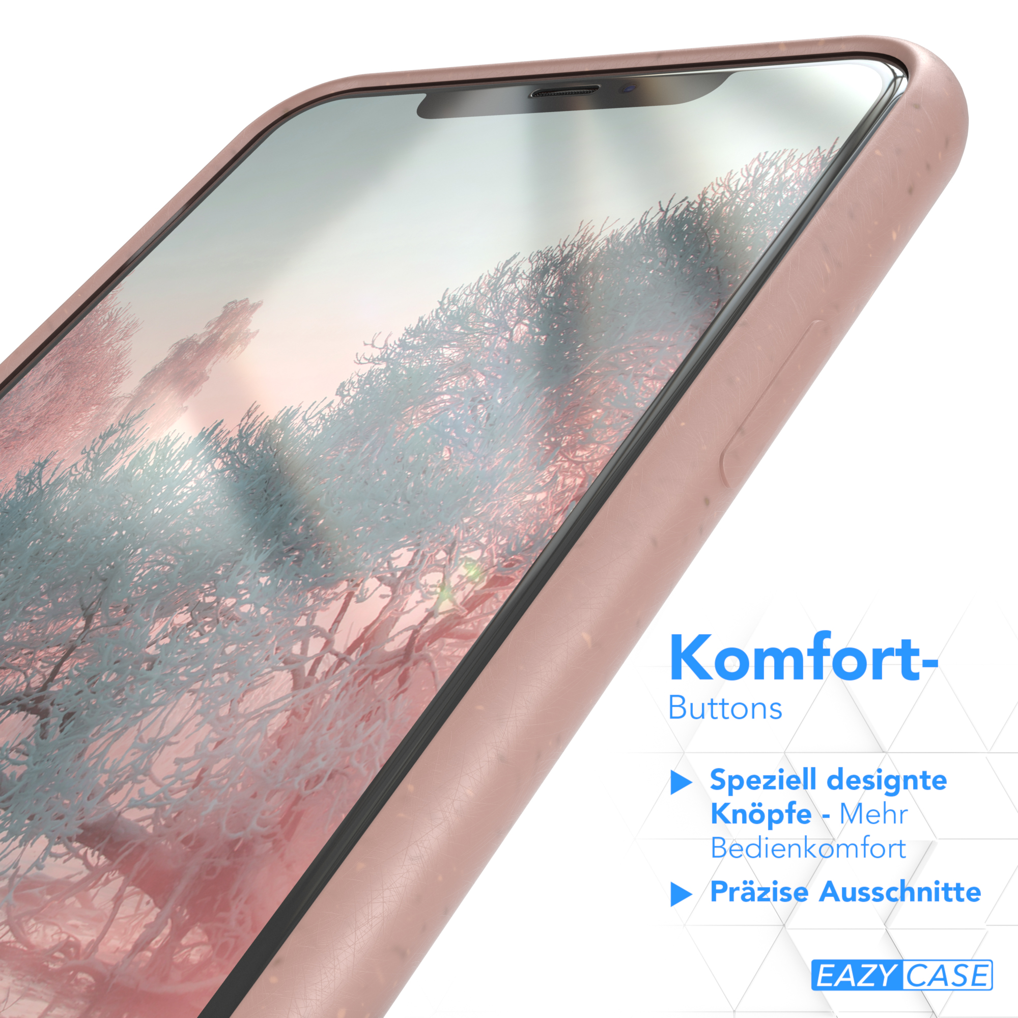 Nahaufnahme einer rosa Handyhülle auf einem Telefon. Text: Komfort-Buttons. Das Telefon hat einen Bildschirm.