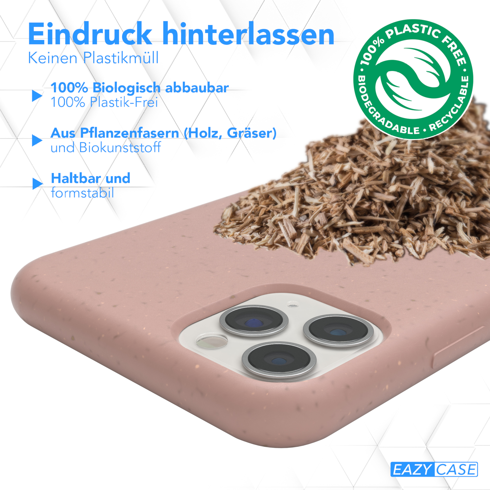 Handyhülle mit Text über biologisch abbaubare und kunststofffreie Materialien und Holzfasern.