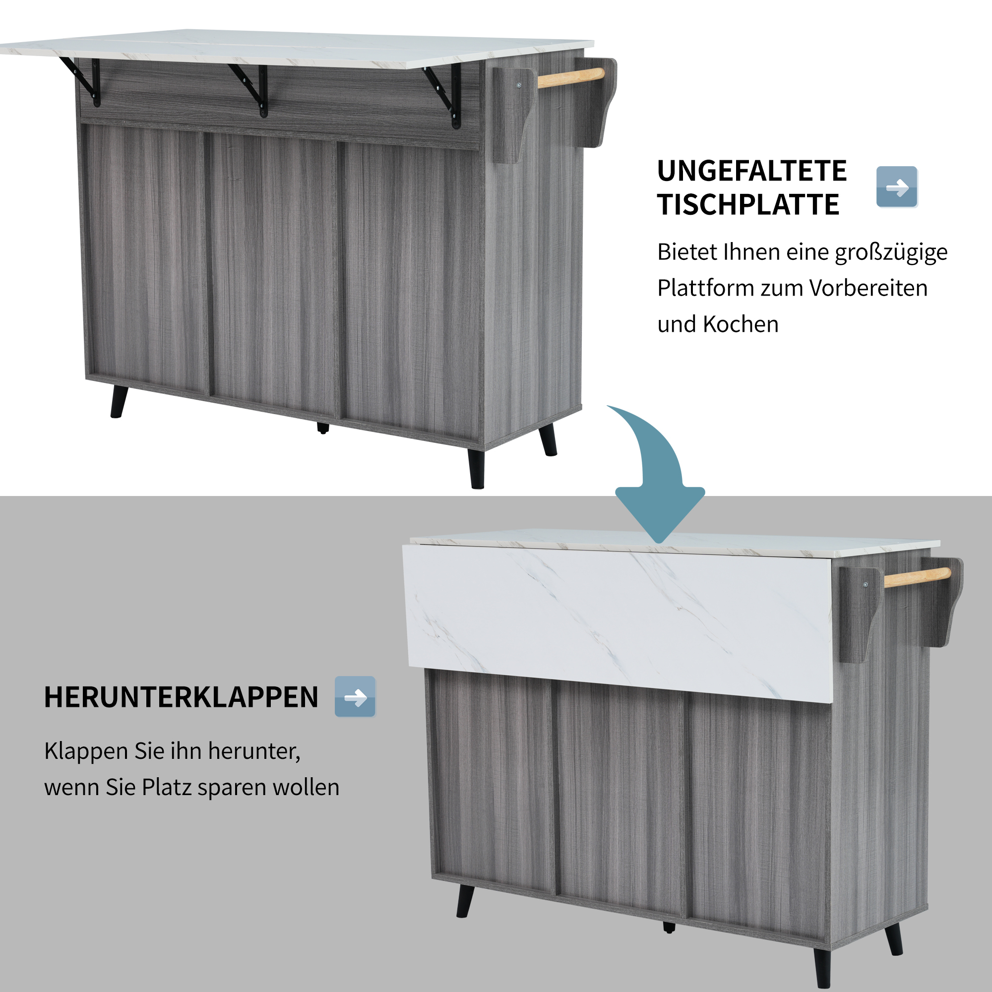 Eine graue Kücheninsel mit weißer Arbeitsplatte. Sie hat zwei Klappabschnitte. An den Seiten befinden sich Holzgriffe.