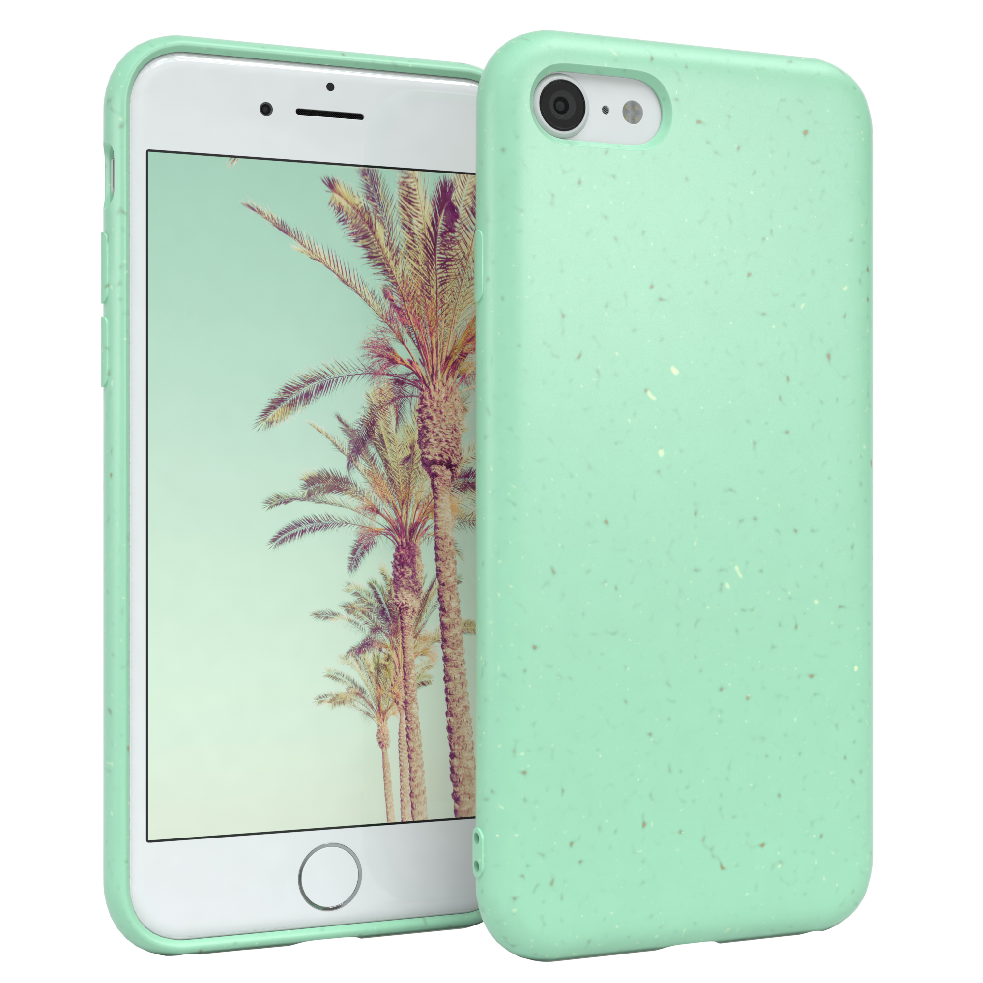 Grüne Handyhülle und Telefon mit Palmen und blauem Himmel.