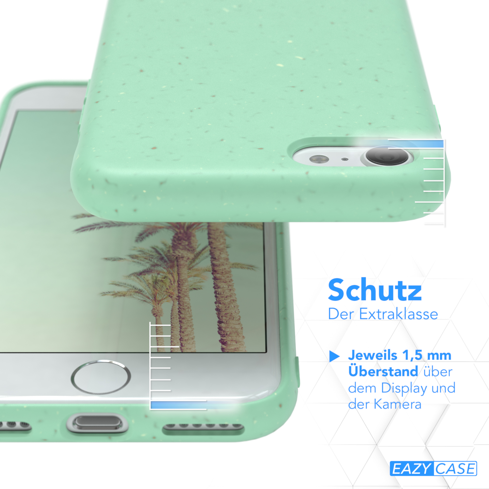 Eine mintgrüne Handyhülle auf einem weißen Telefon. Der Text erwähnt Schutz und einen 1,5 mm Überhang.